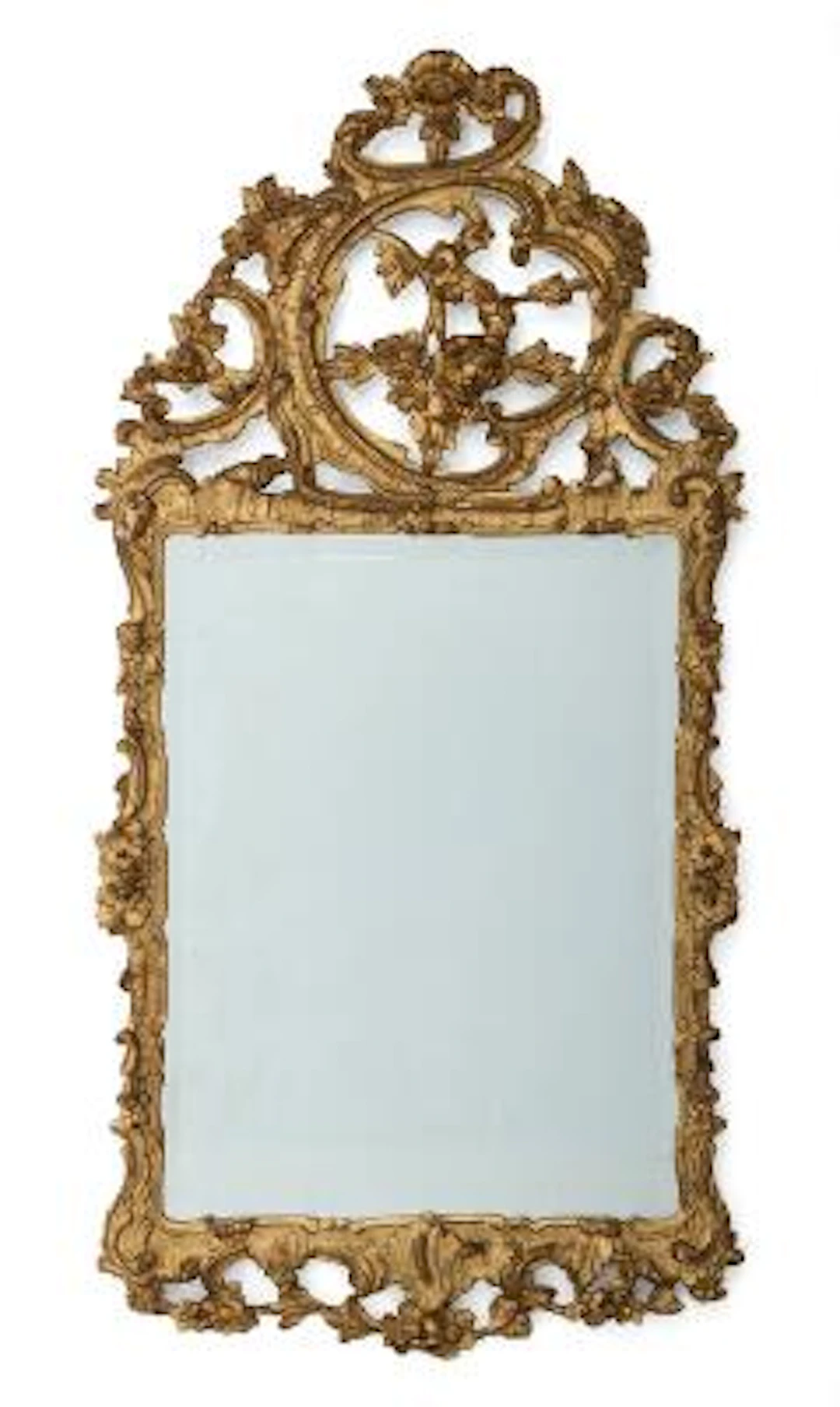 A large Danish Rococo style giltwood mirror with facet cut glass.