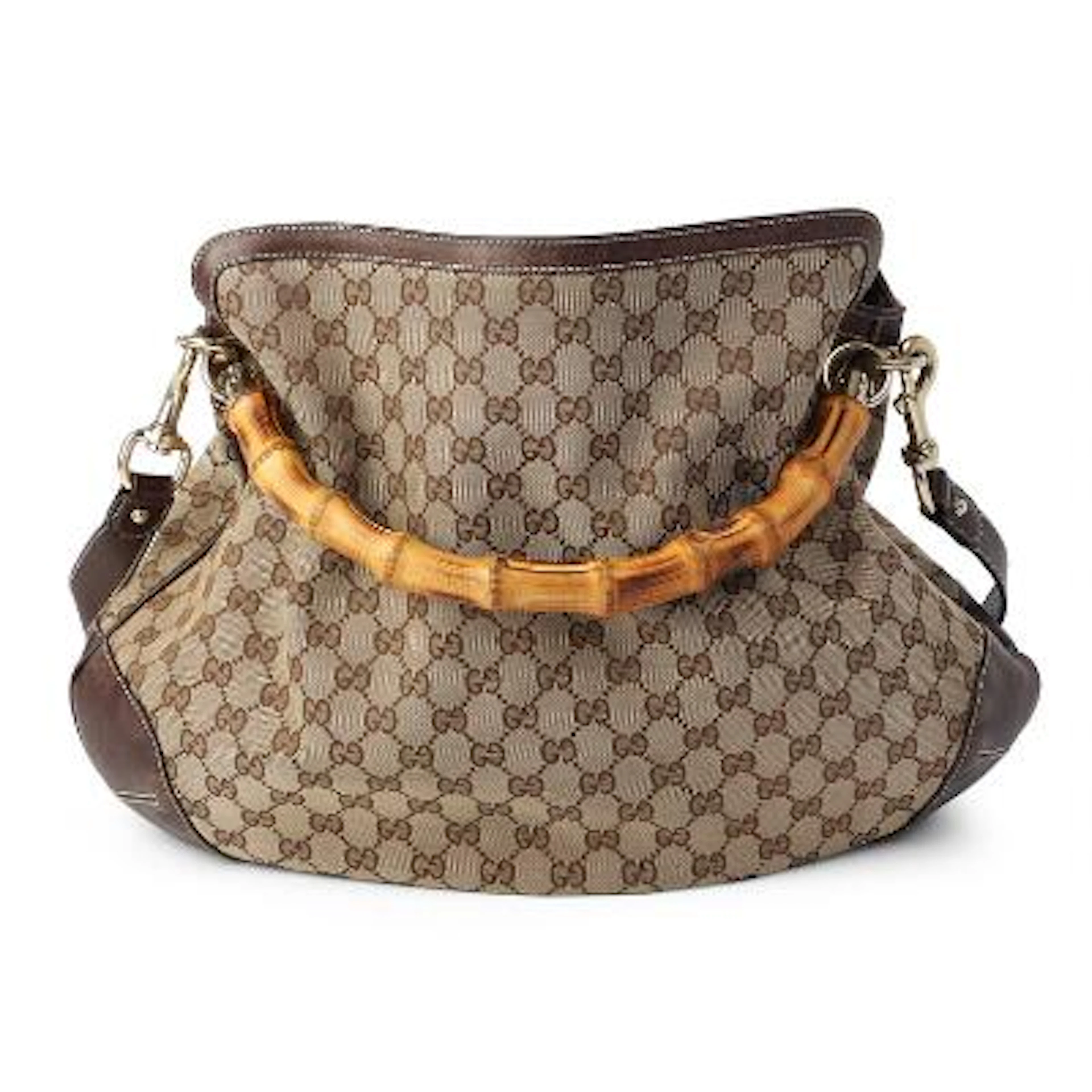 Gucci: "Peggy Bamboo Hobo" bag of beige and brown monogram canvas