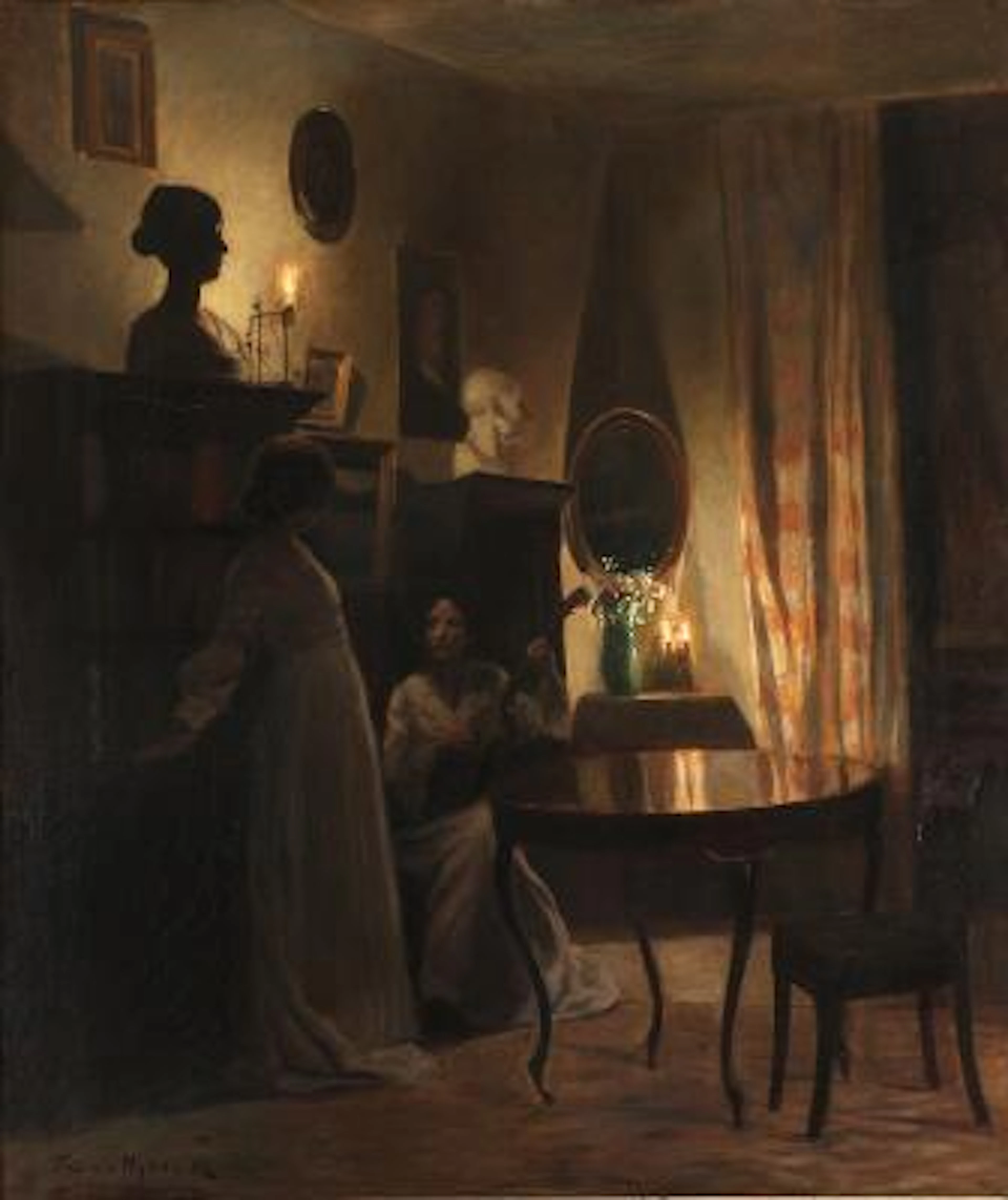 Poul Friis Nybo: "Interieur. Lampelys". An interior. Lamplight. Signed