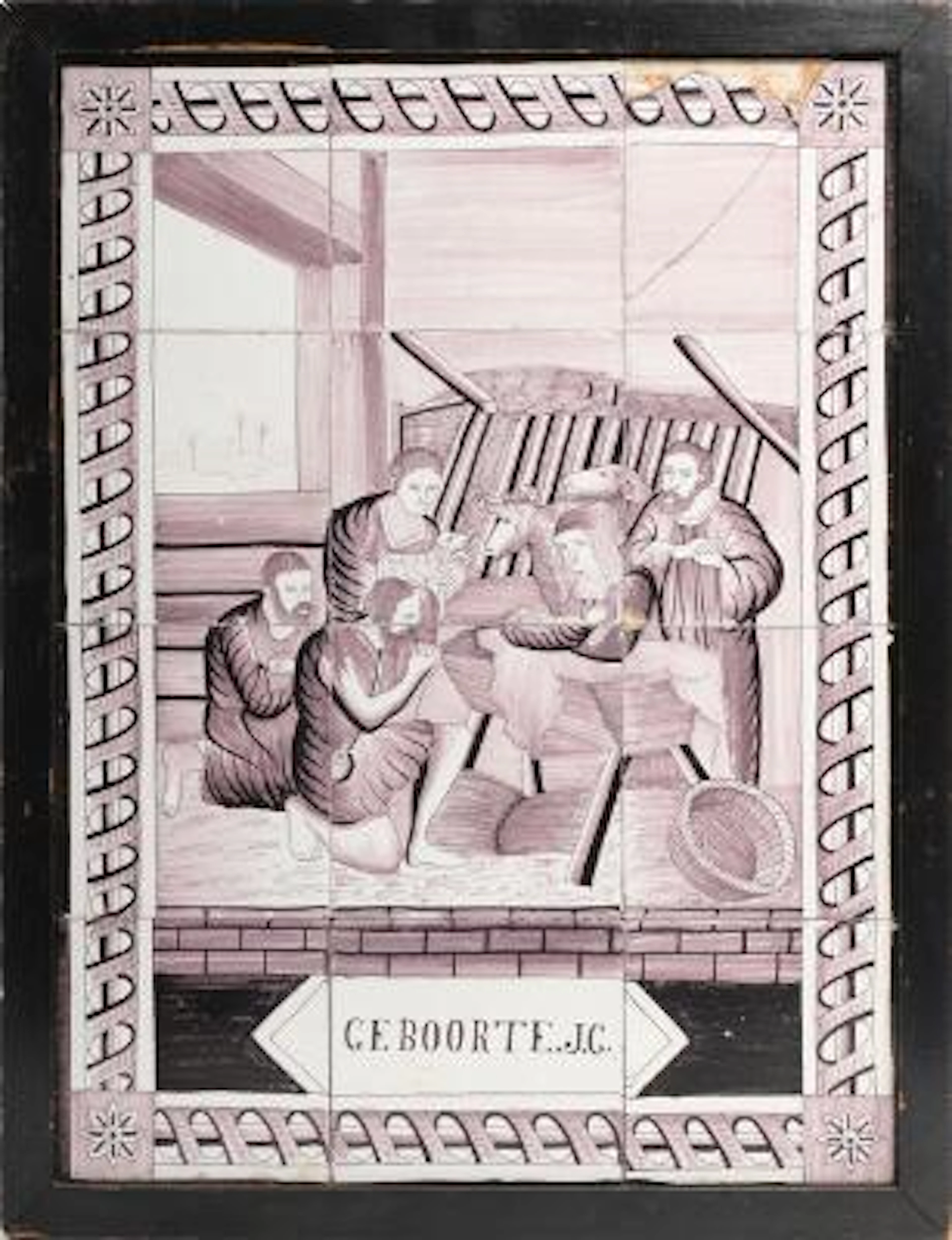 Delft tile picture of faience, decorated in manganese with the Holy