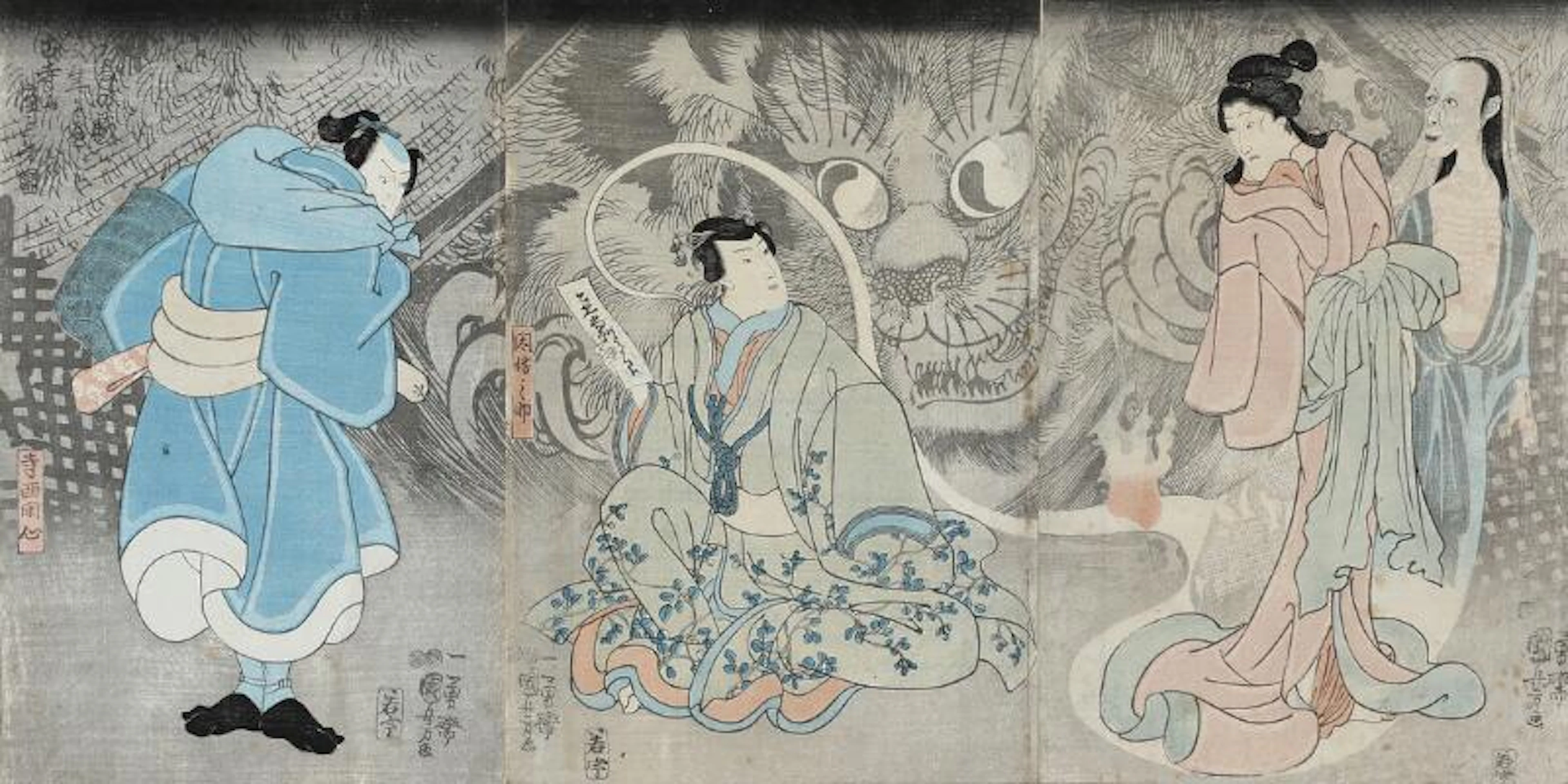 Utagawa Kuniyoshi: A play of an old legend. Triptych, woodcut. Edo
