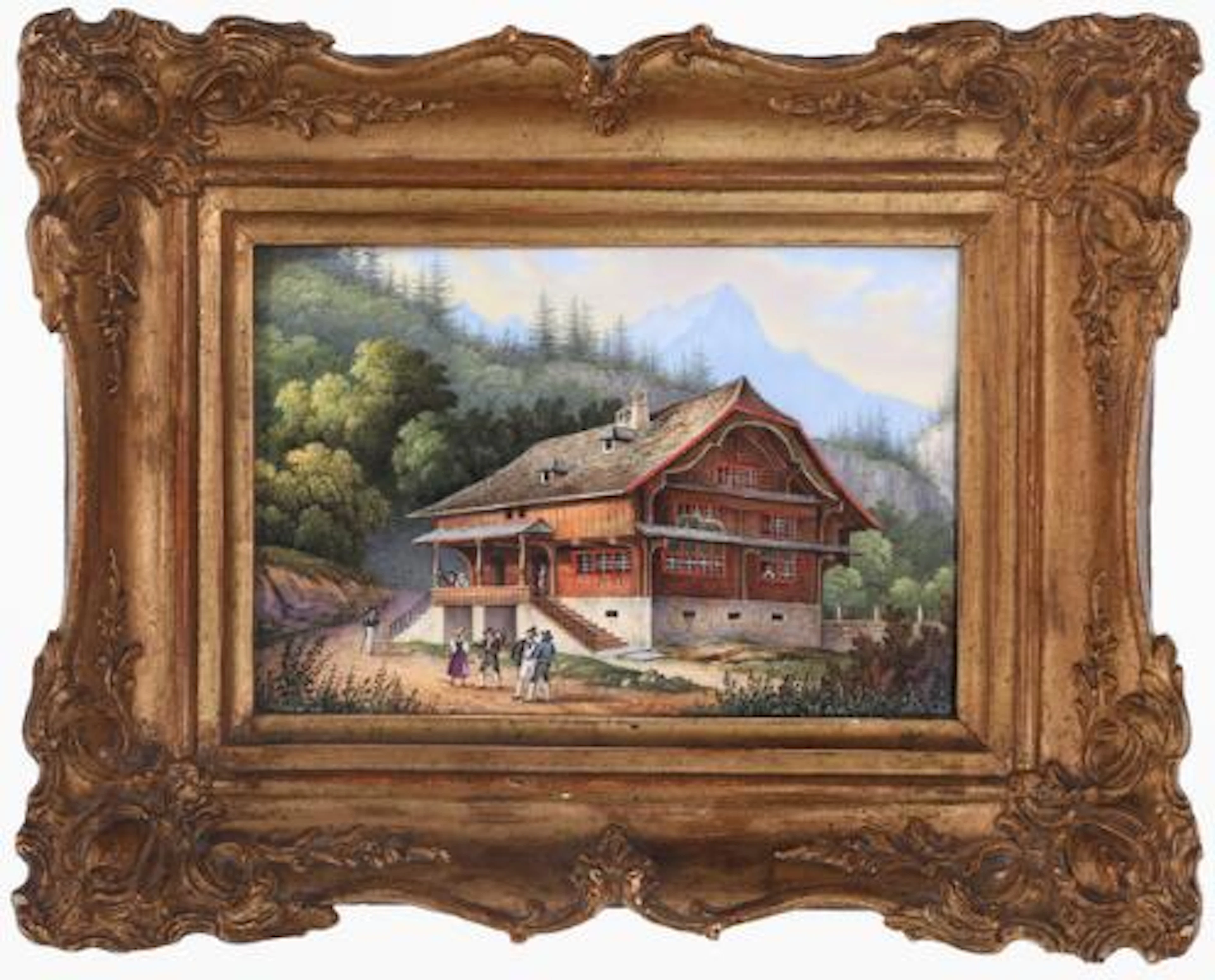 Unknown artist, 19th century: Scene with persons at an alpine house.