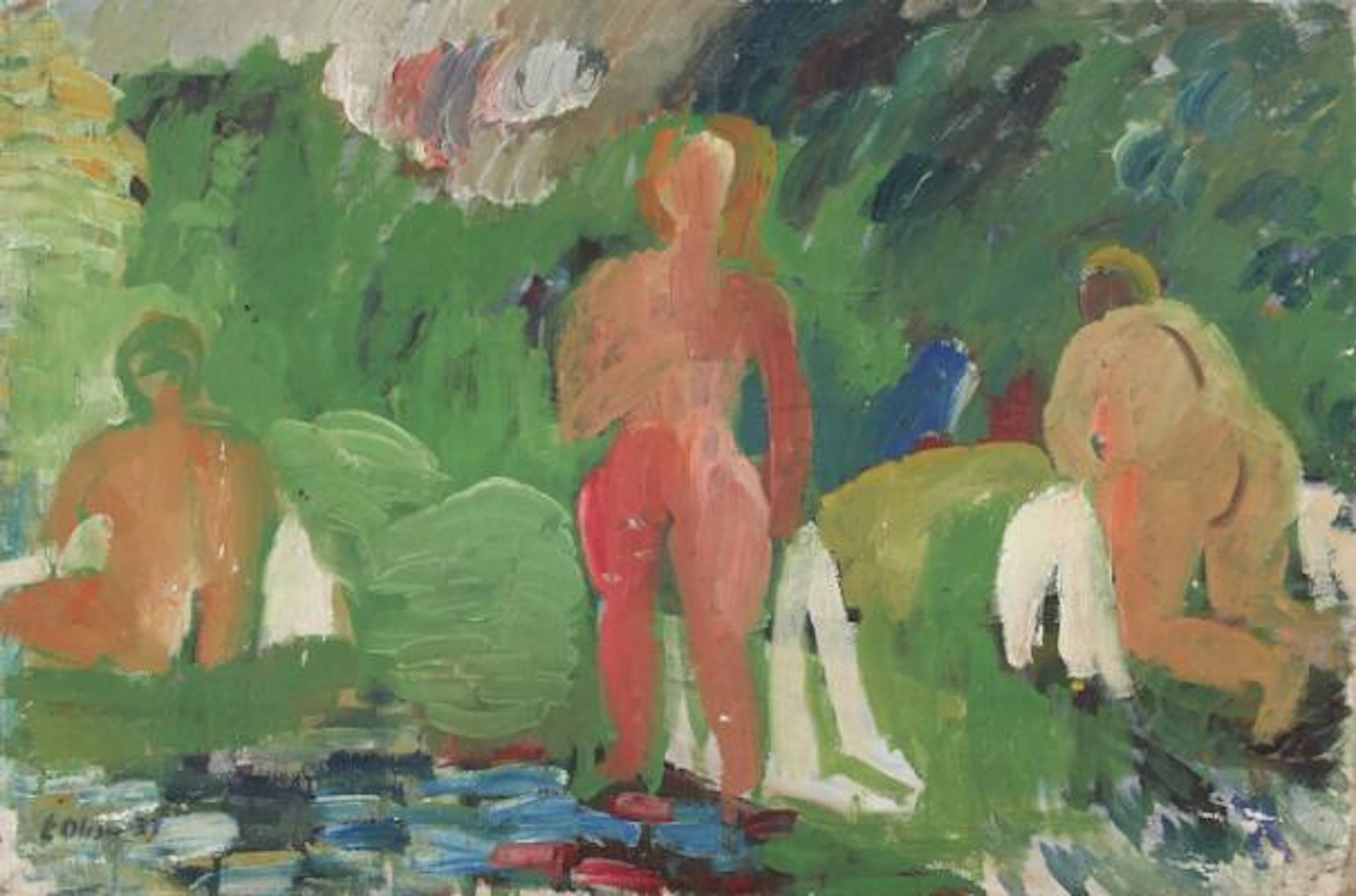 Eyvind Olesen: Landscape with naked figueres. Signed E. Olesen 37.