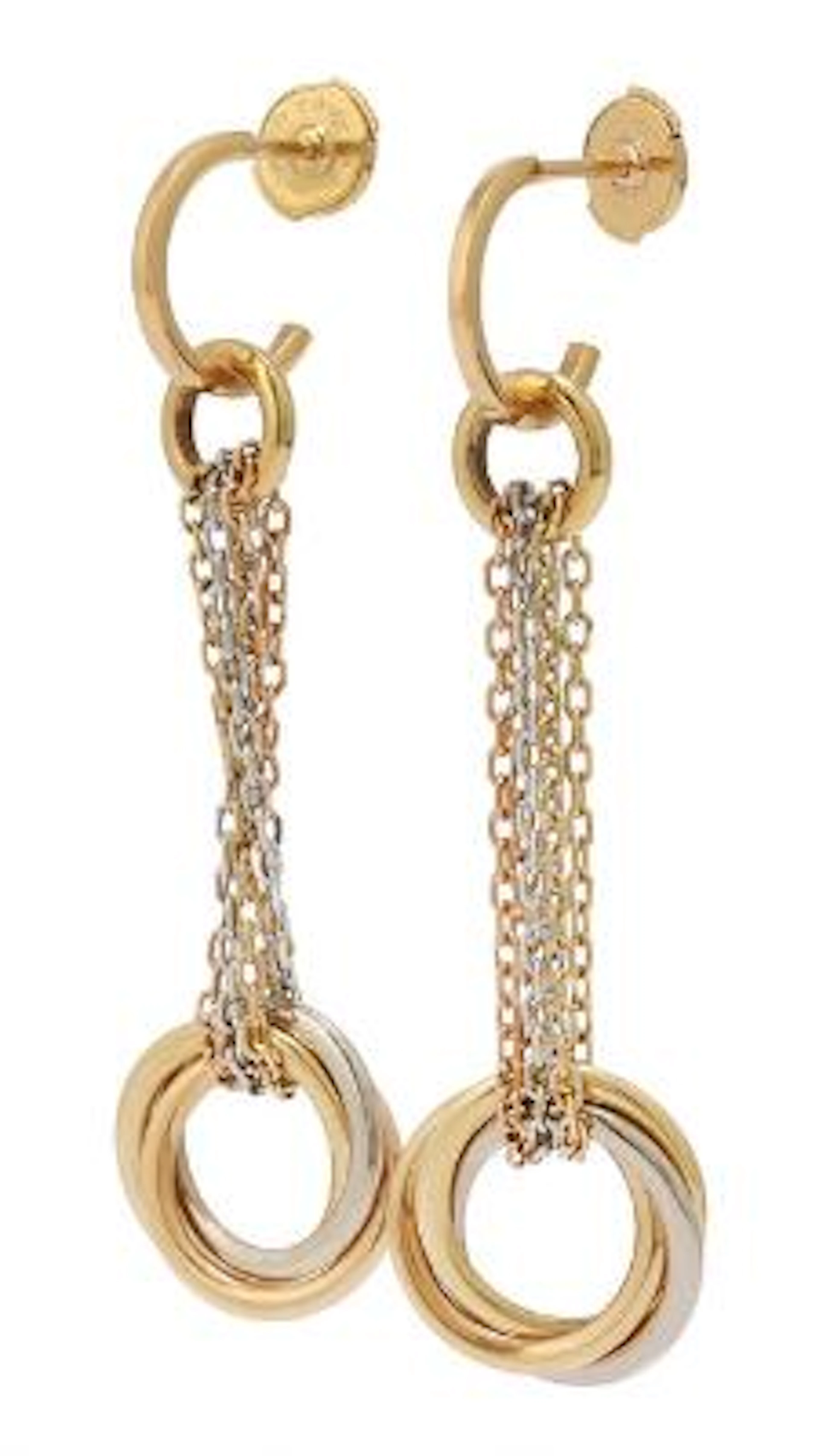 Cartier: A pair of "Trinity" ear pendants of 18k tri-coloured gold.