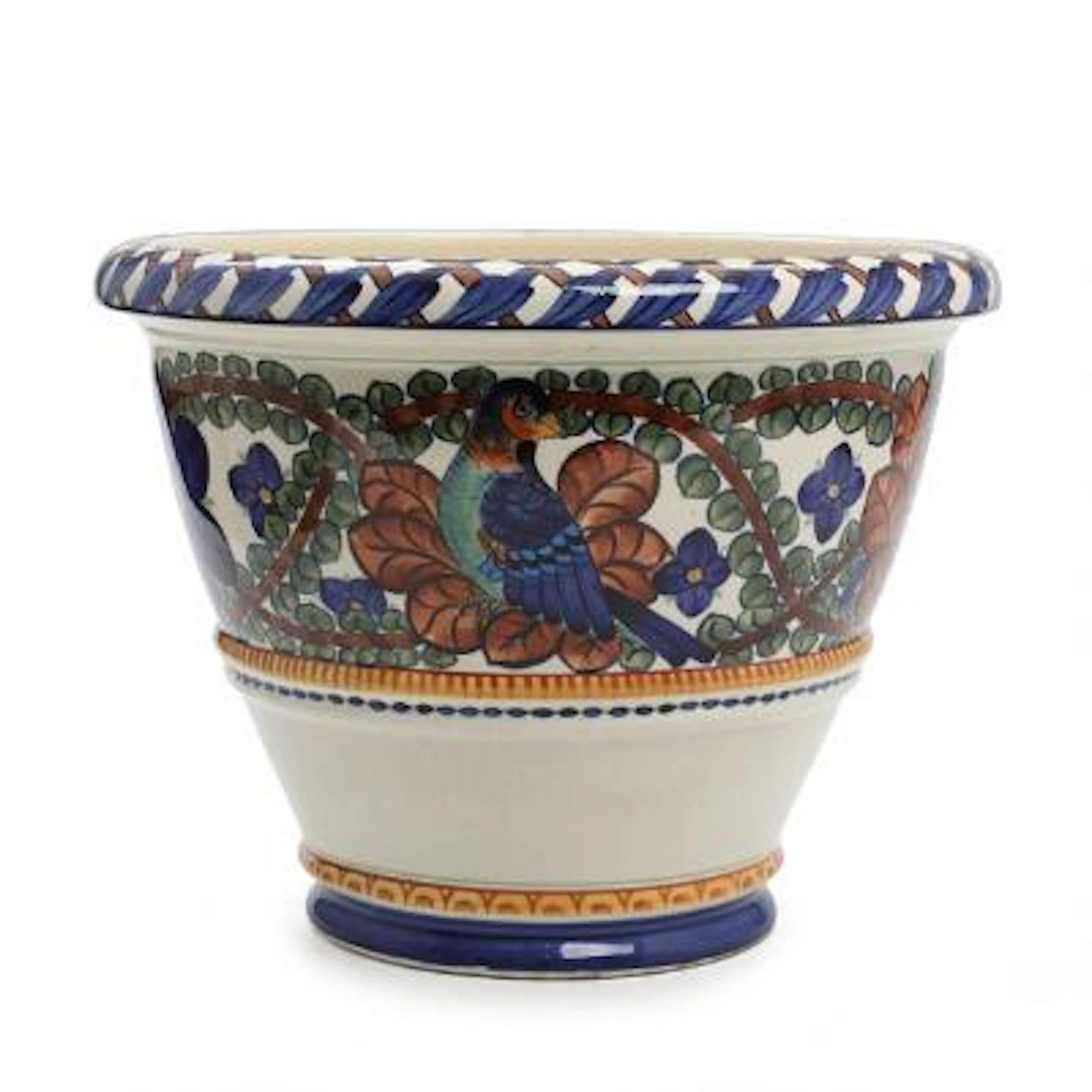 Harald Slott-Møller: Faience plant pot, decorated in colour with birds.