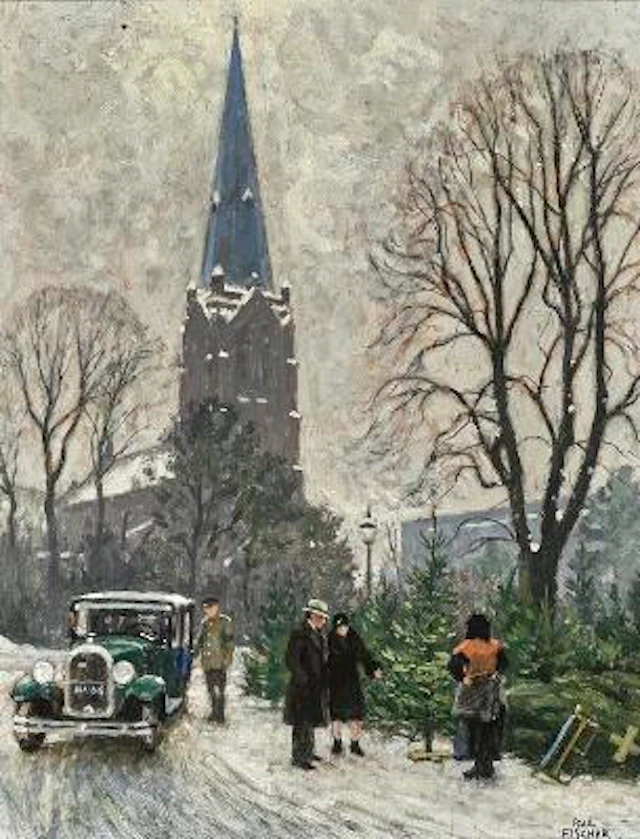 Paul Fischer: The Christmas tree is chosen. Signed Paul Fischer. Oil