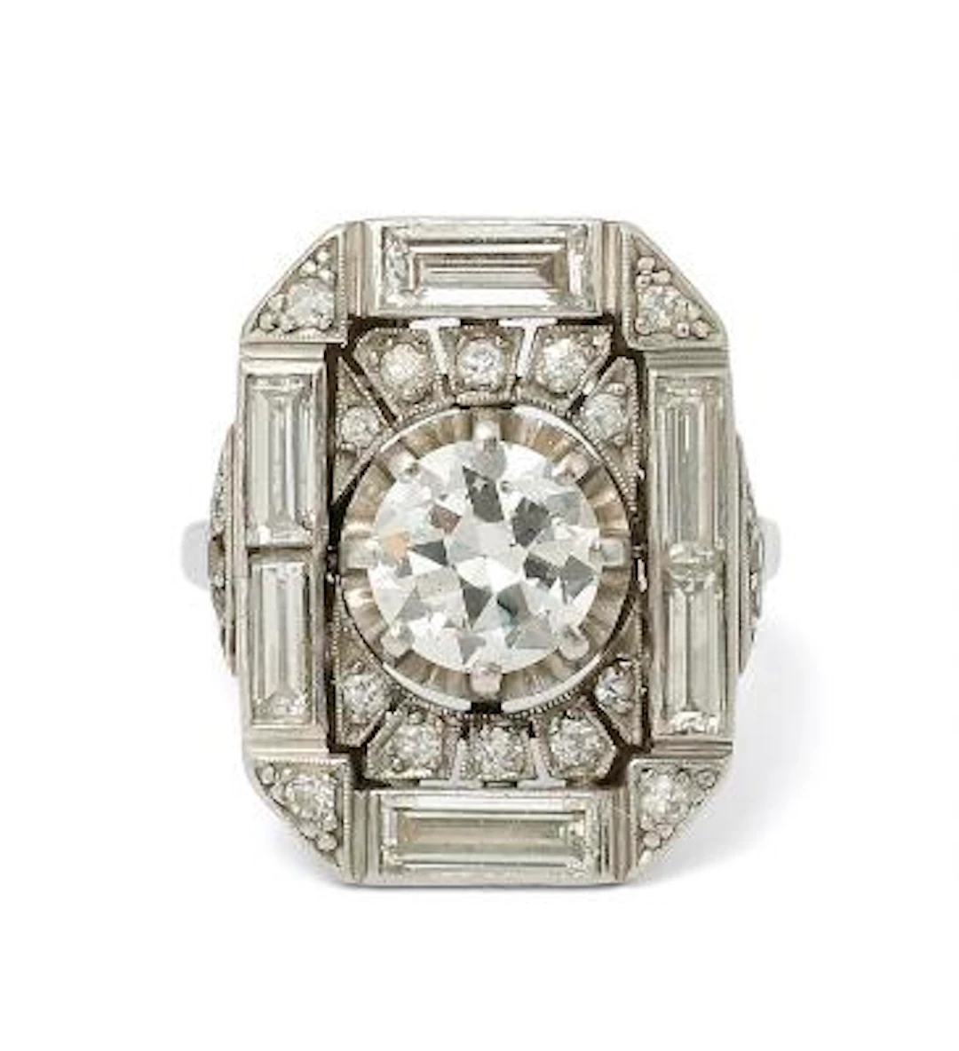 A diamond ring set with numerous diamonds, mounted in platinum. Center