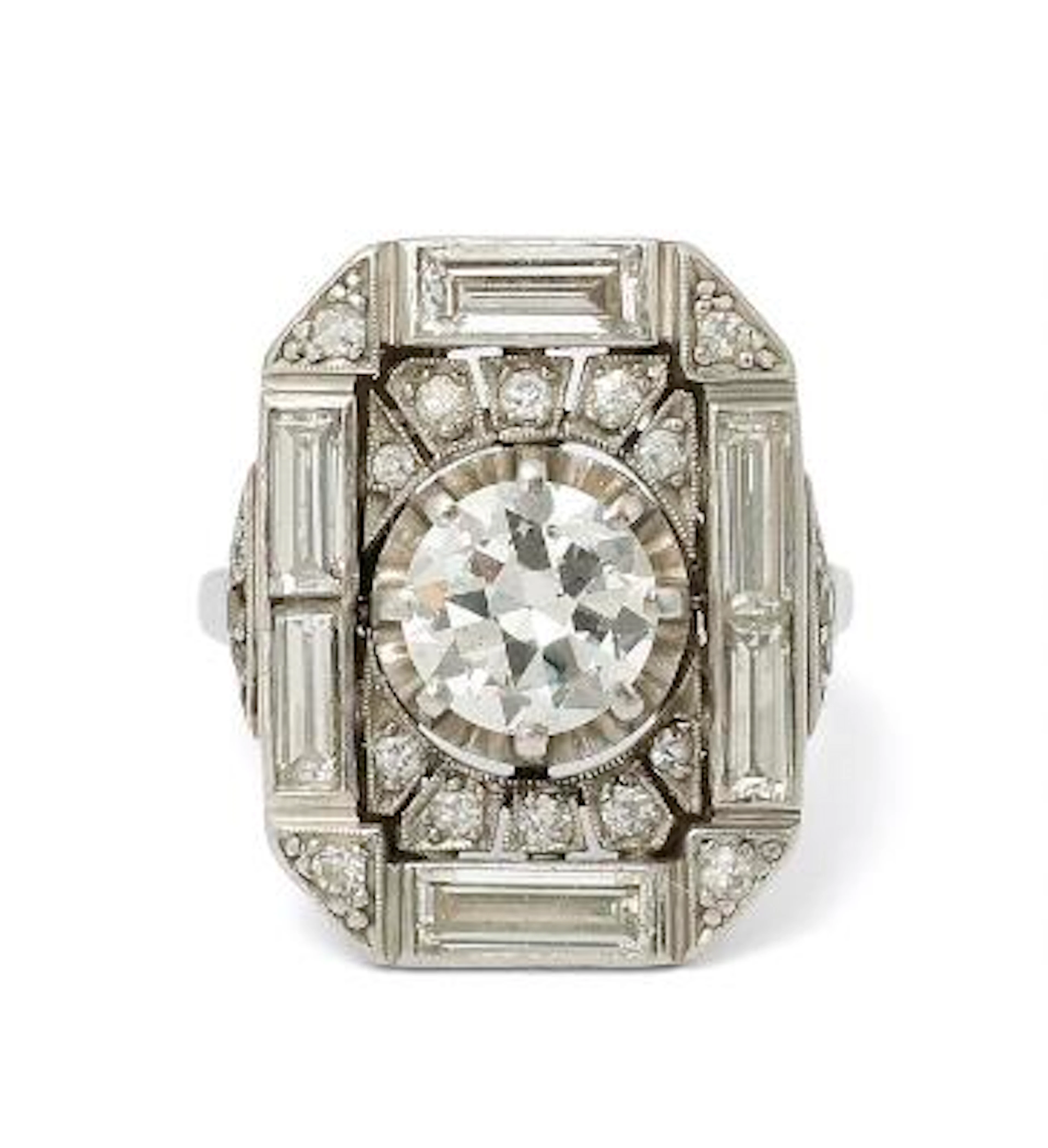 A diamond ring set with numerous diamonds, mounted in platinum. Center