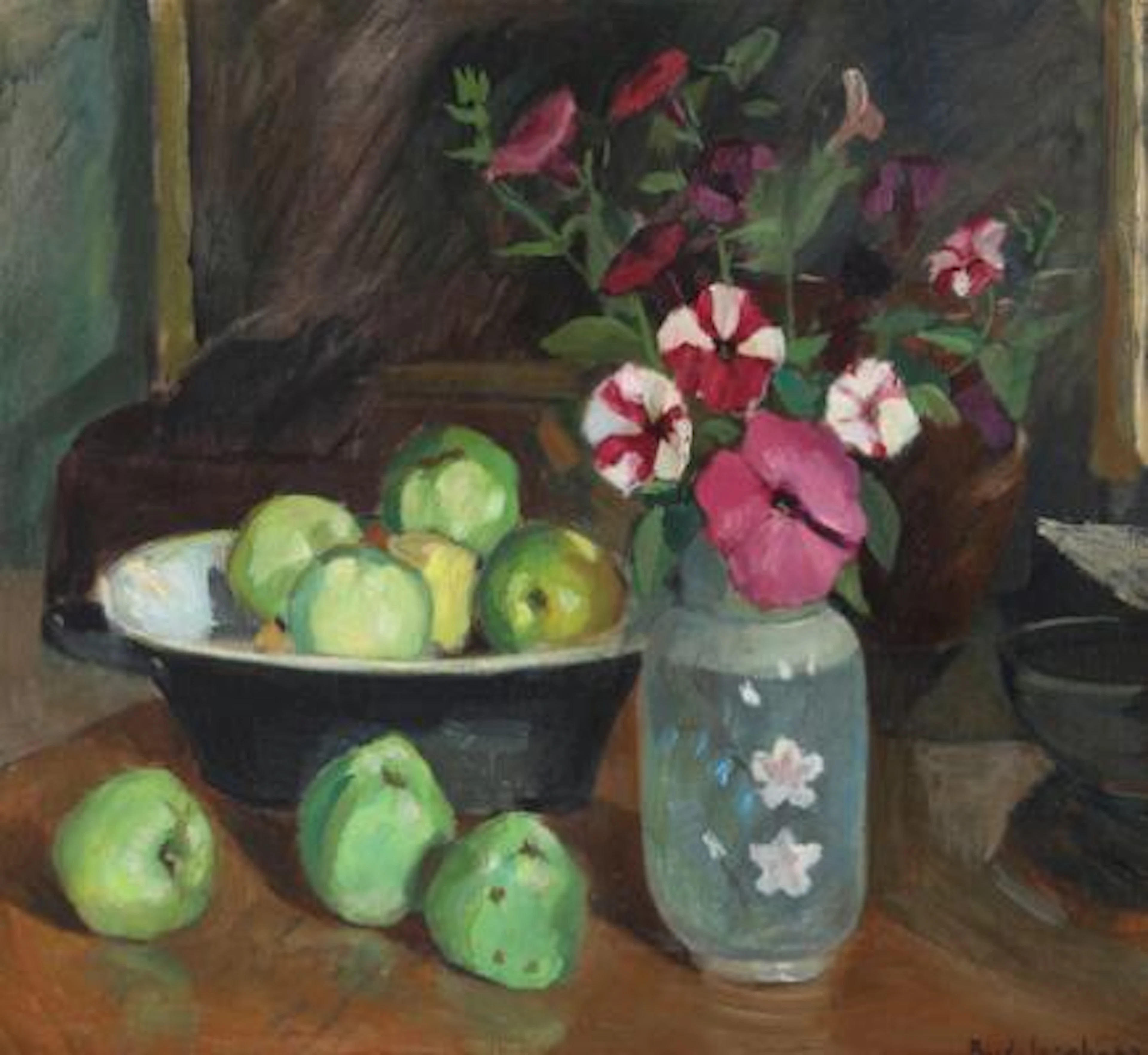 Rud. Jacobsen: A still life with flowers in a vase and fruit in a