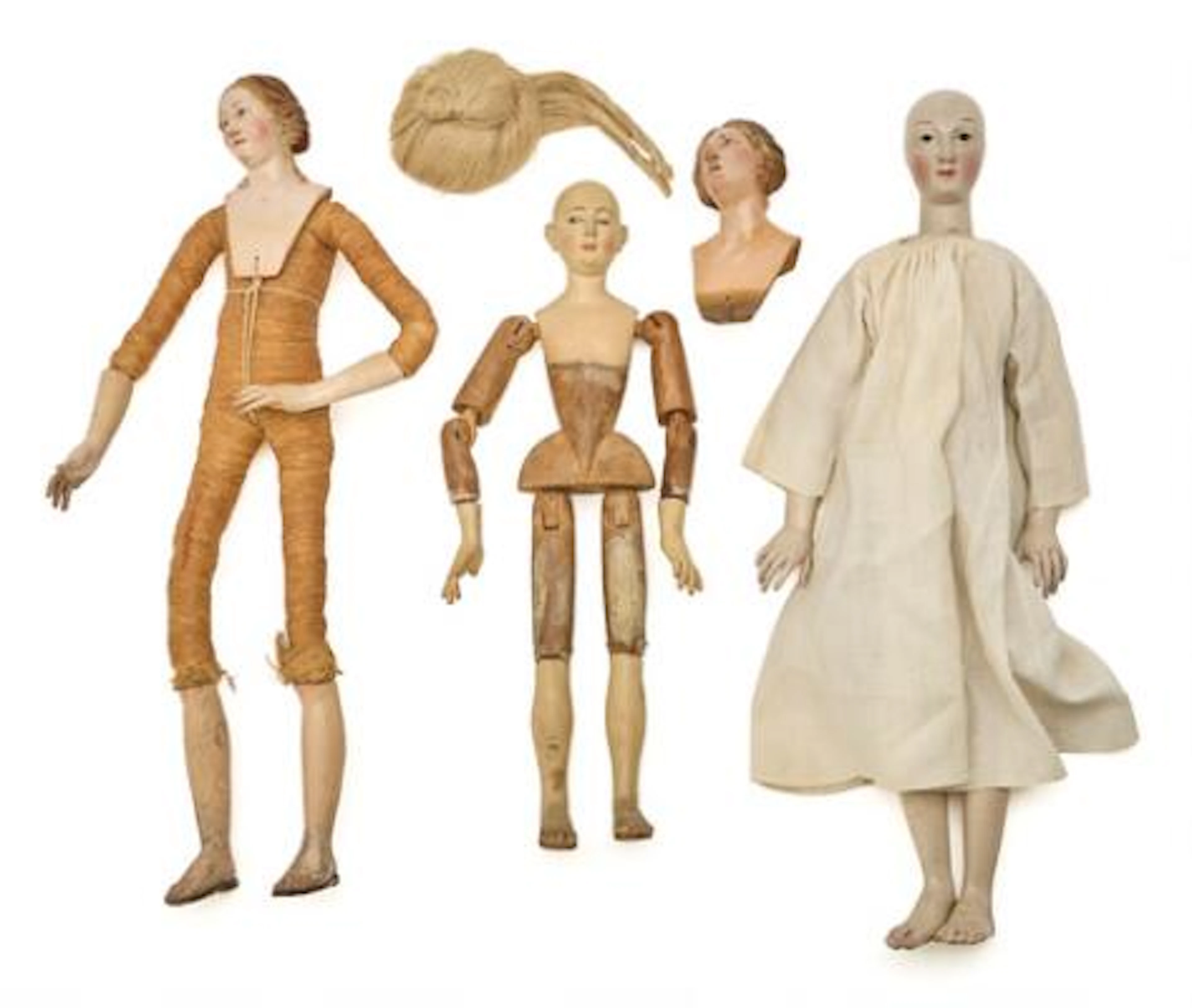 Three Italian chreche figures in carved wood plus shoulder head. 19th