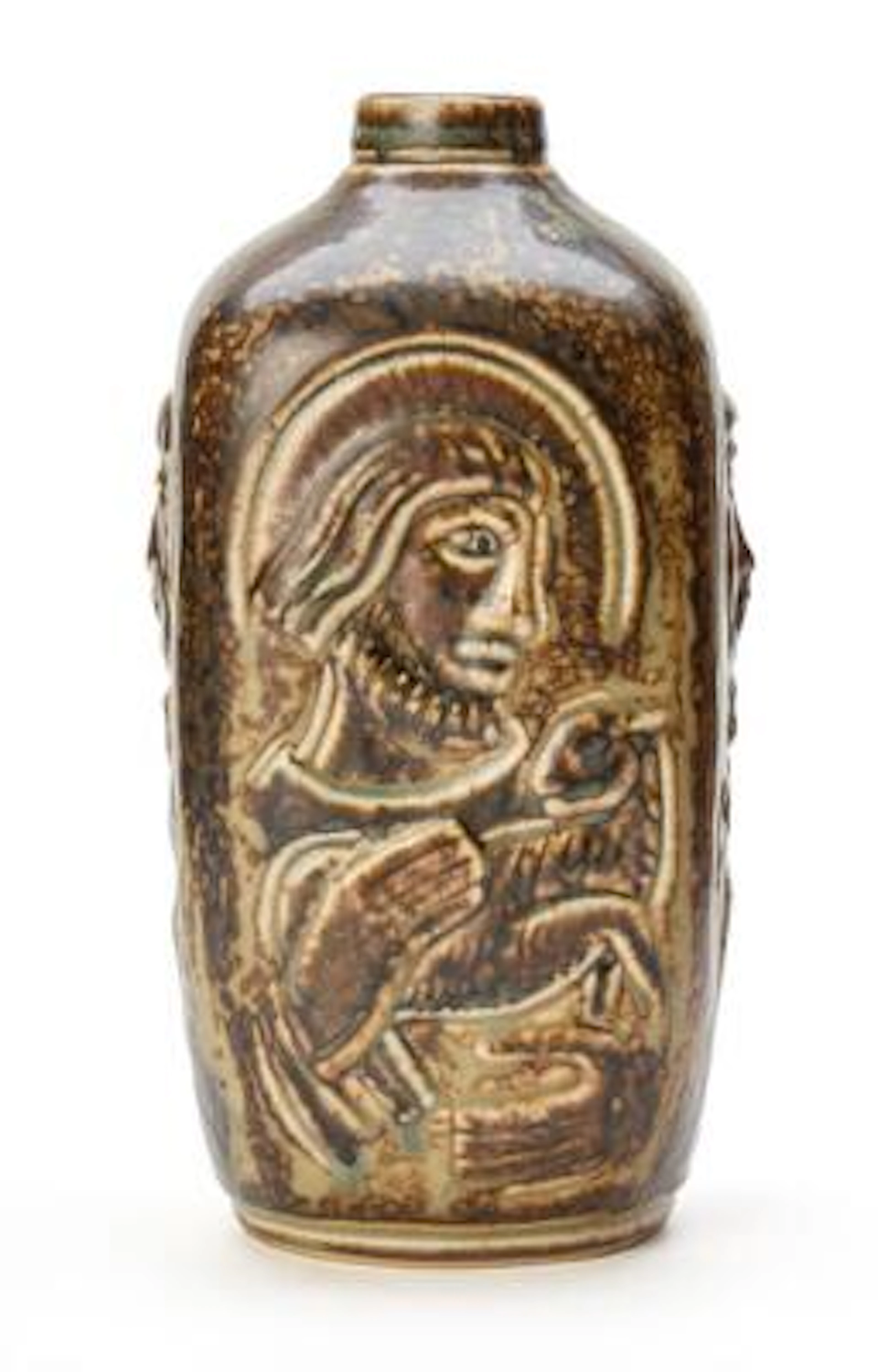 Jais Nielsen: A bottle-shaped stoneware vase. Four-sided shape with