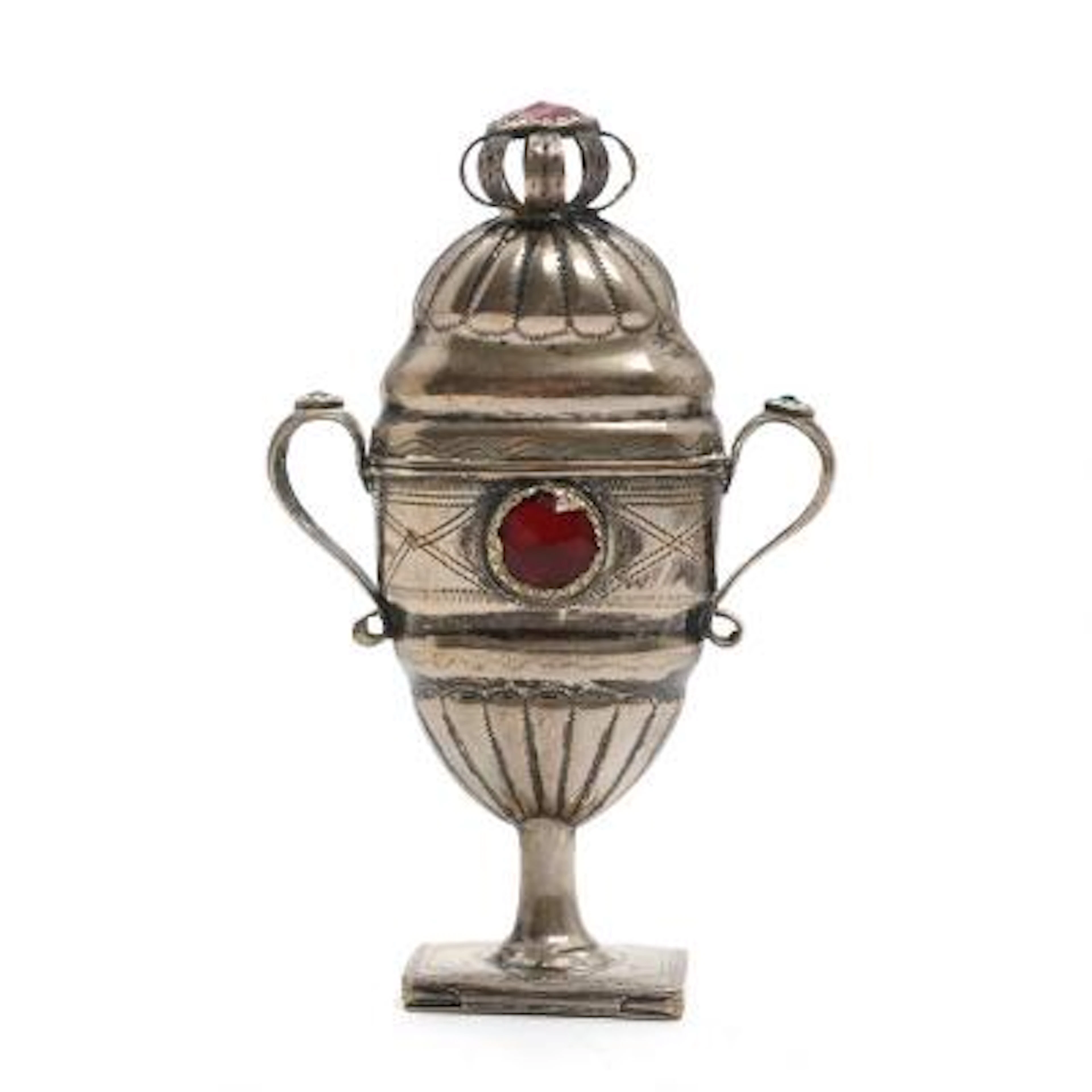 Silver vase-shaped vinaigrette decorated with glass stones. 19th century.