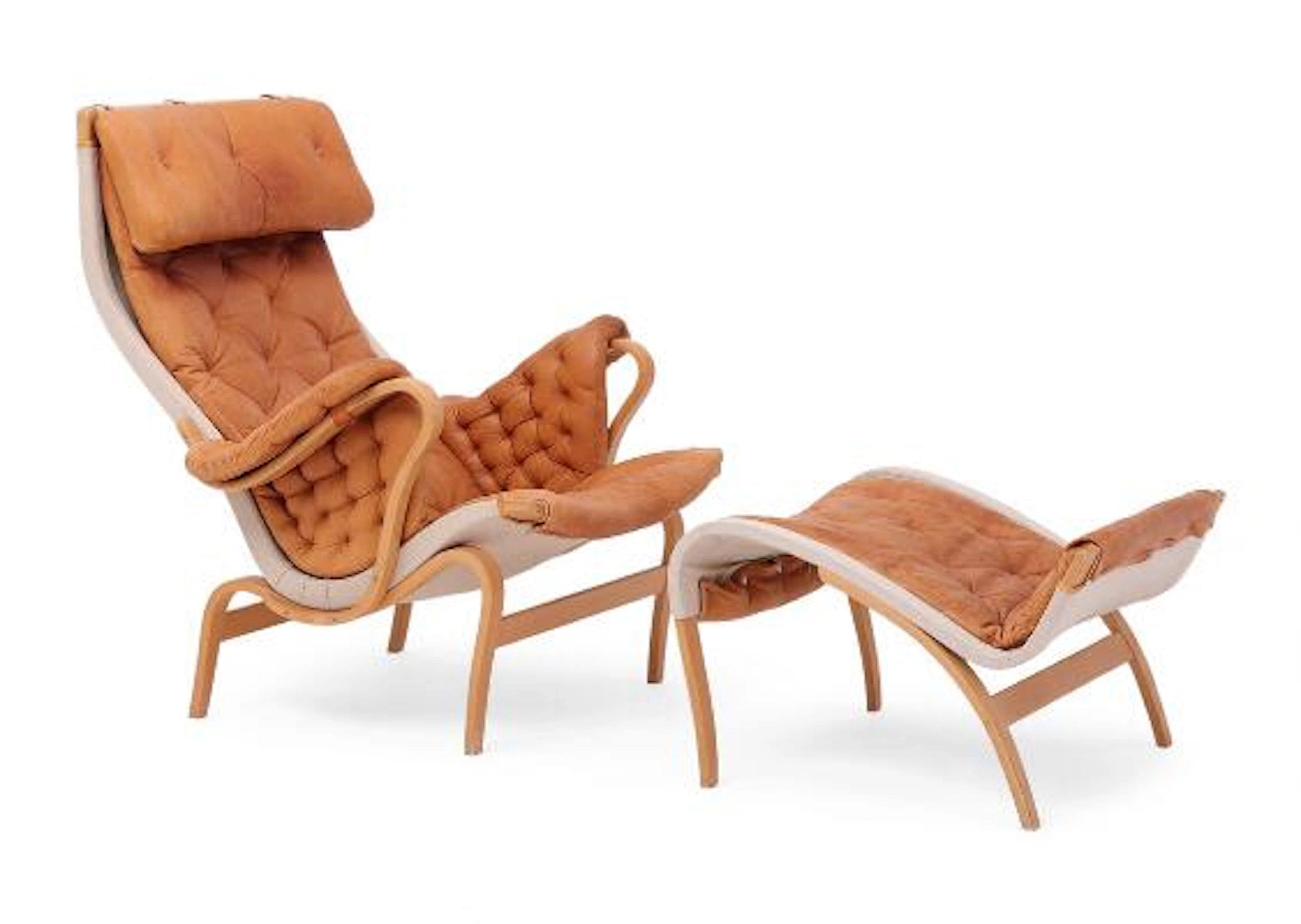 Bruno Mathsson: "Pernilla". Armchair and footstool with beech frame.