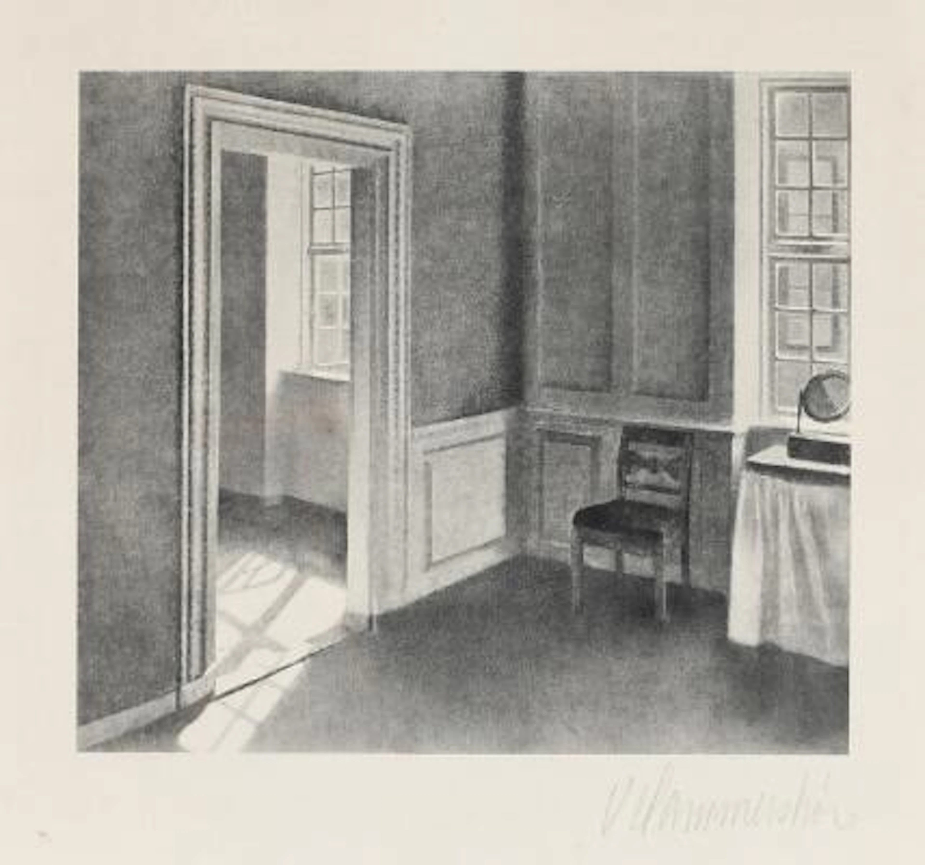 Vilhelm Hammershøi: A corner from the bedchamber, 1907. Signed V.