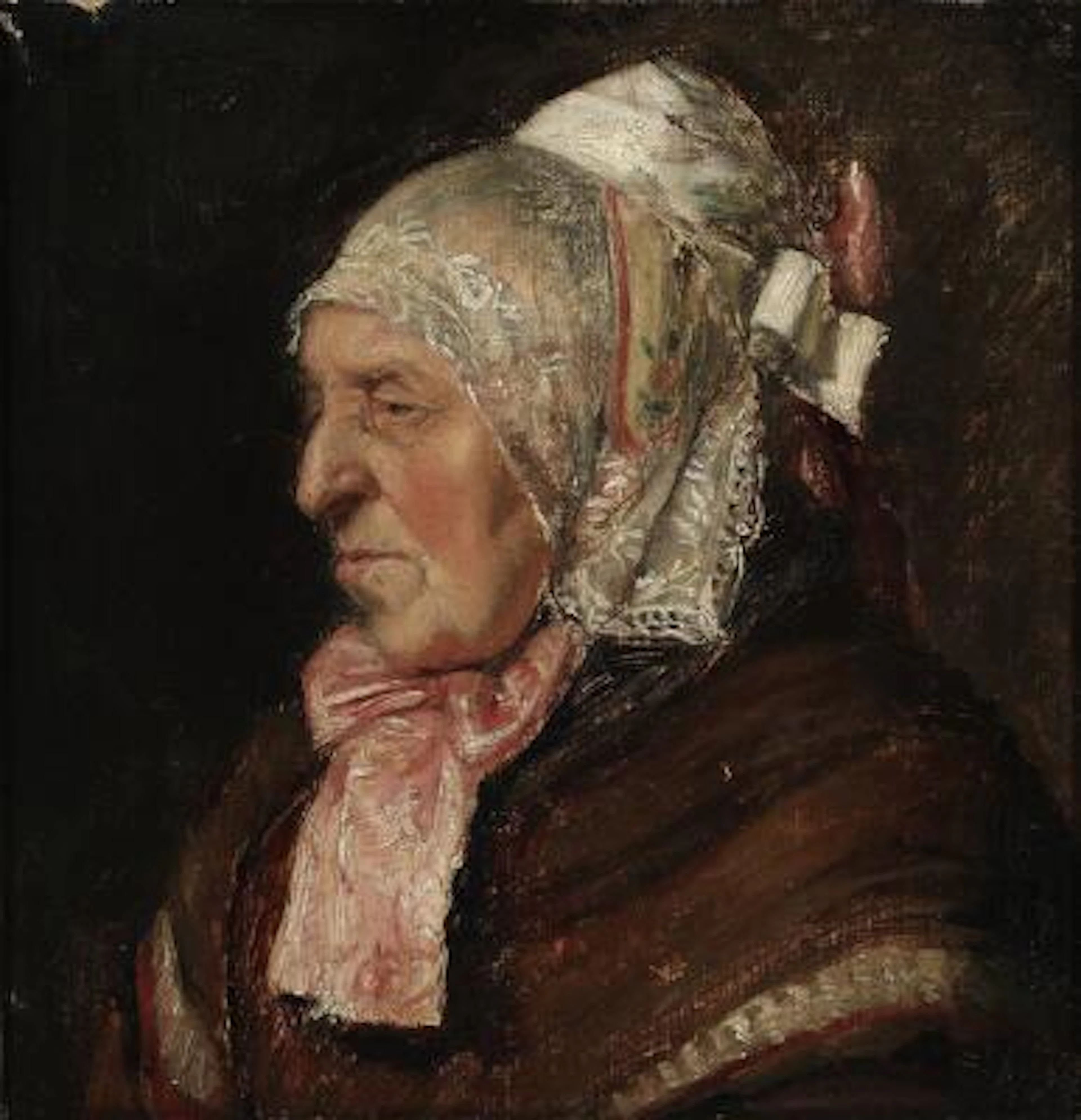Michael Ancher: Portrait of a woman in a white bonnet. Unsigned. Oil