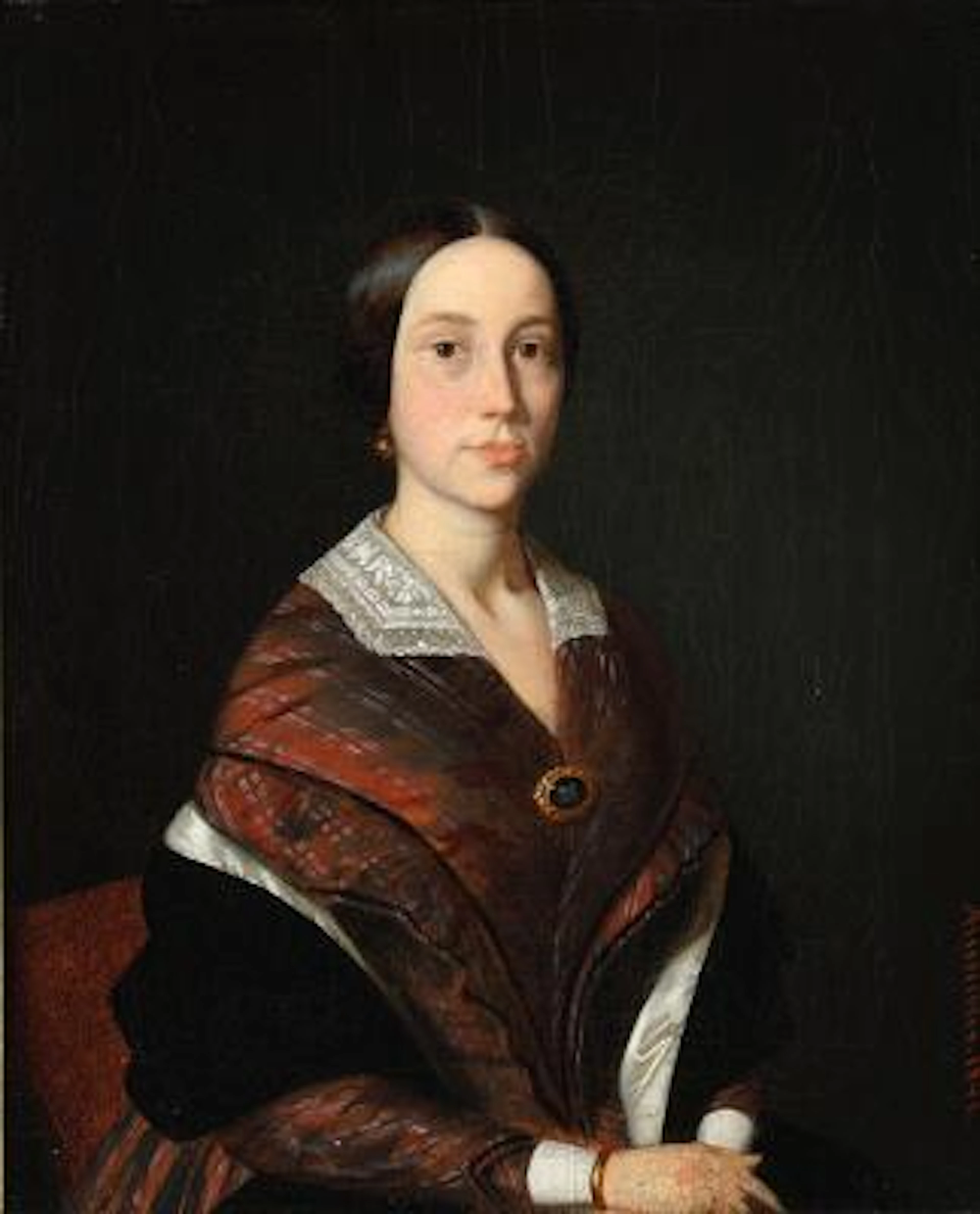 Andreas Hunæus: Portrait of a woman with gold earrings. Signed A.