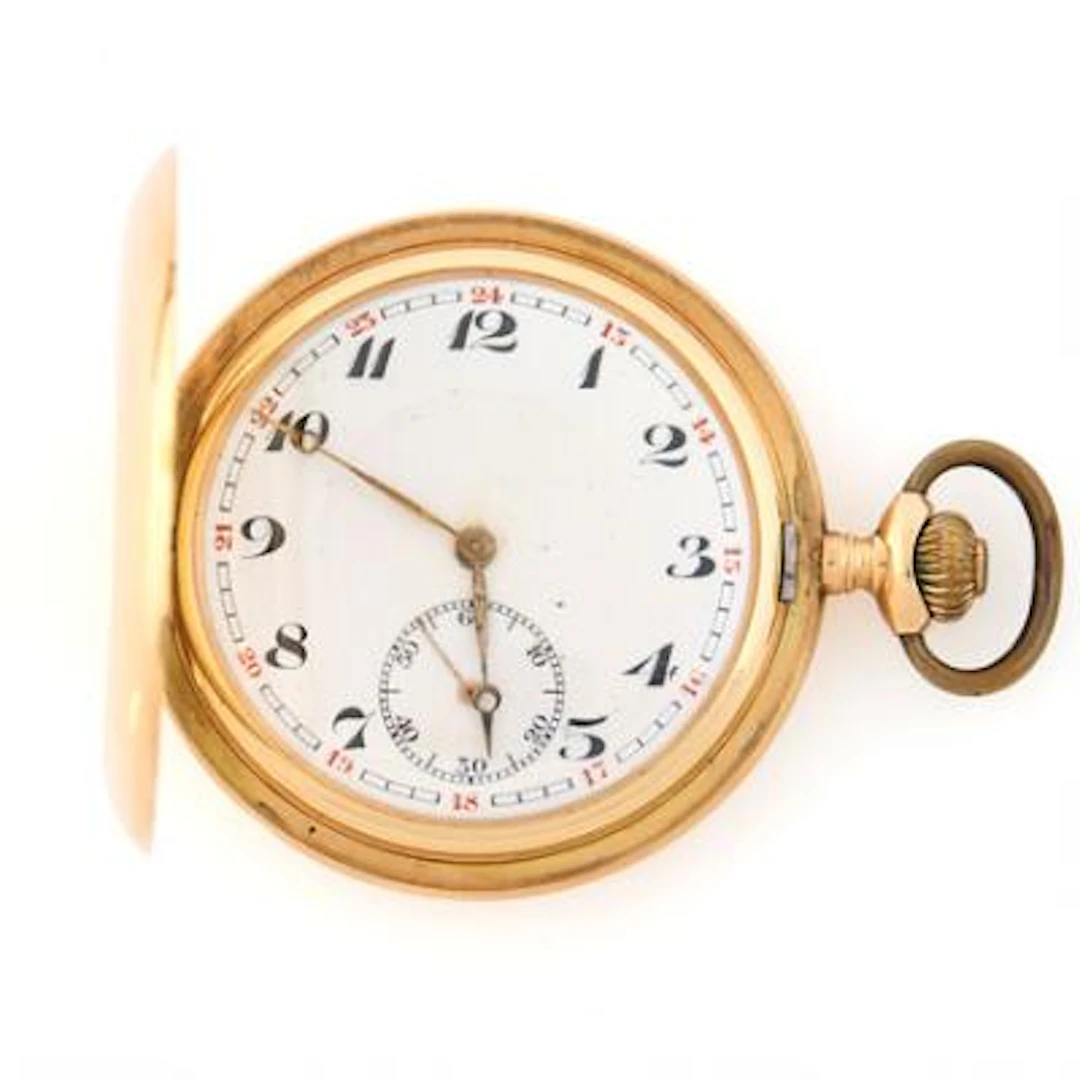 Double-cased pocket watch of 14k gold. Mechanical movement with lever