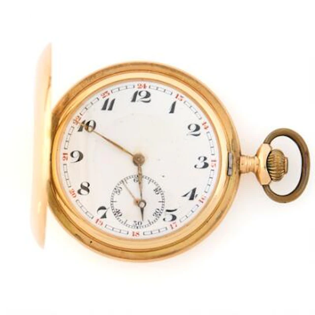 Double-cased pocket watch of 14k gold. Mechanical movement with lever