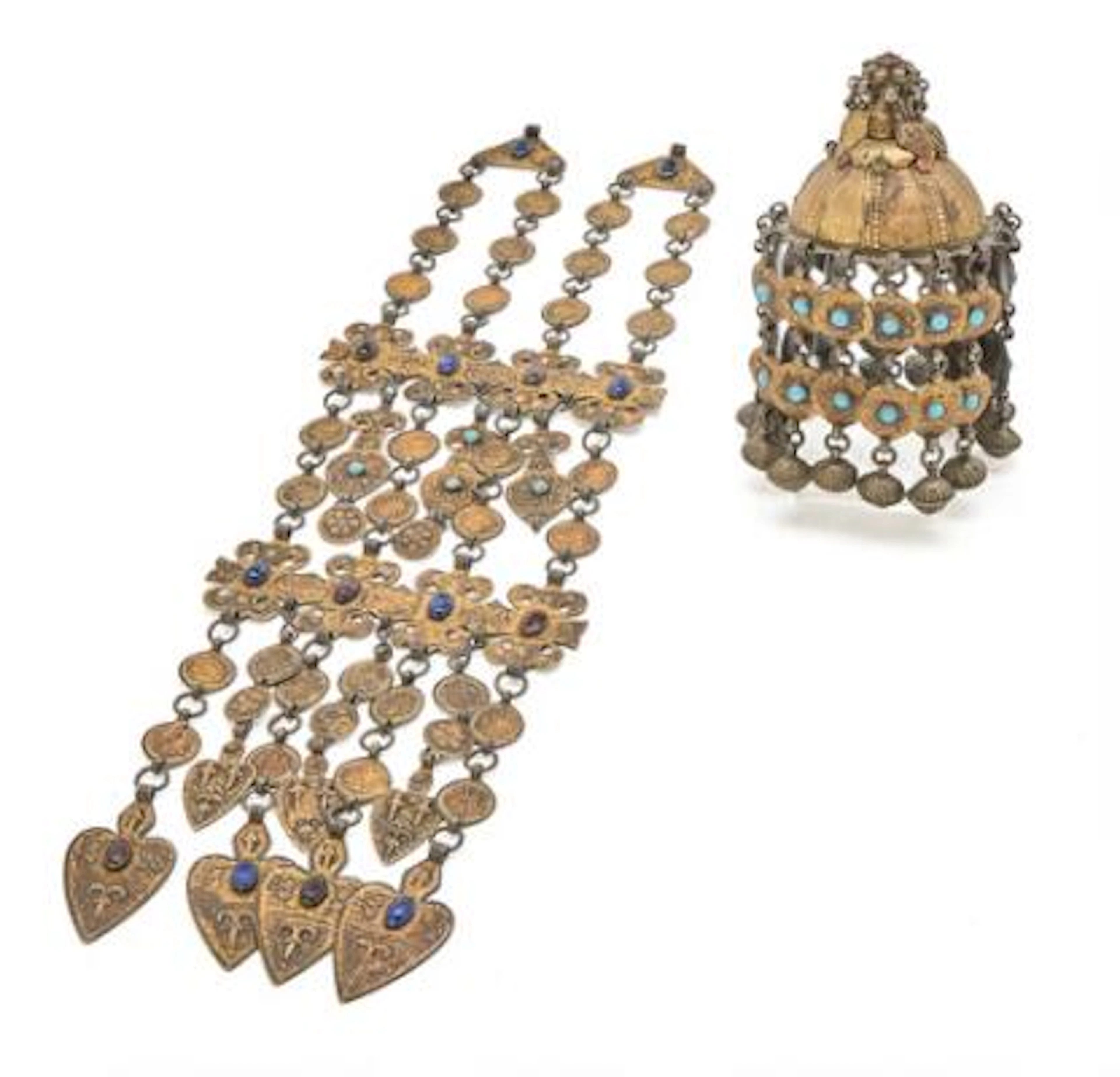 Turkmen yomud necklace and costume jewelry of partly gold-plated silver