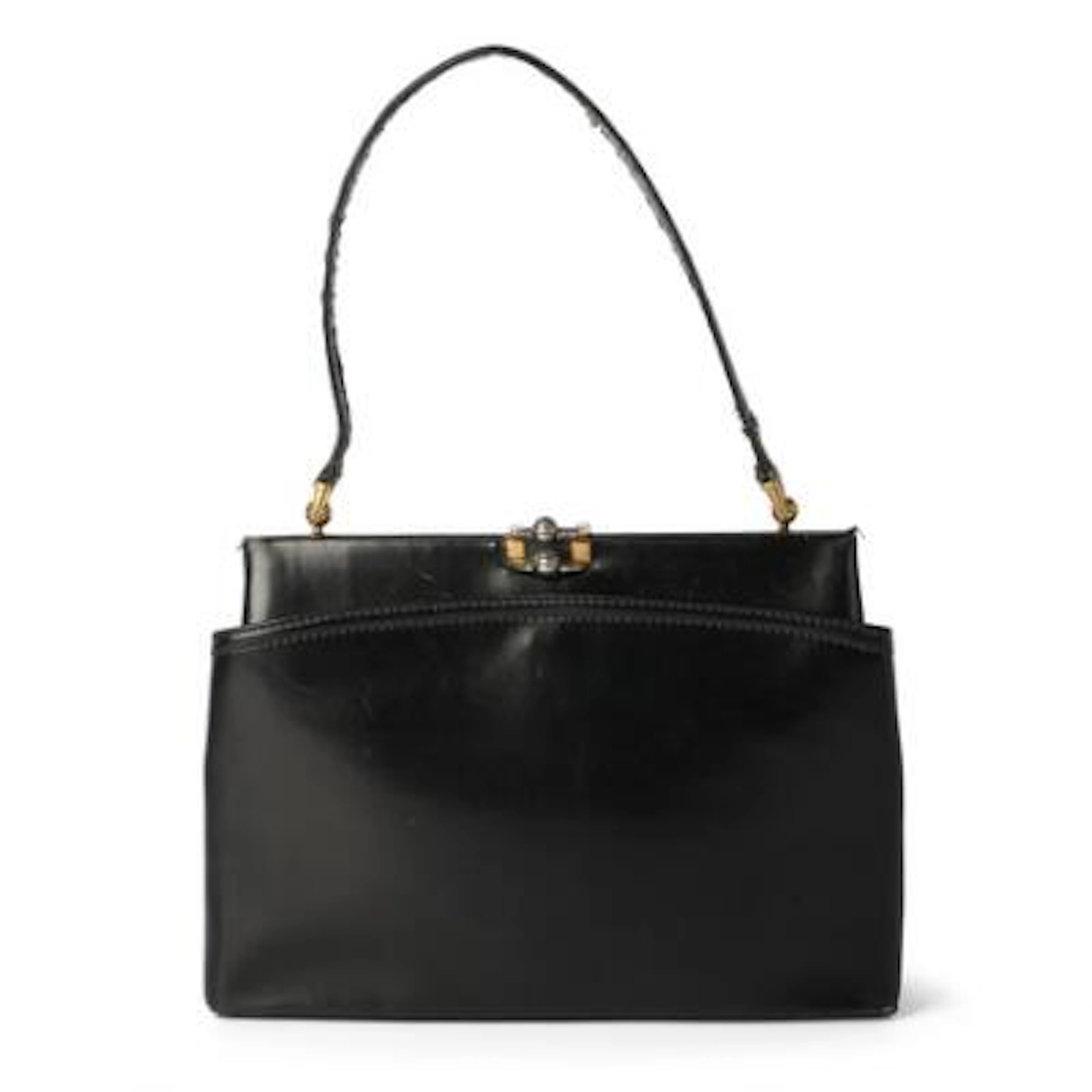 Gucci: A vintage bag of black leather with gold tone hardware, short