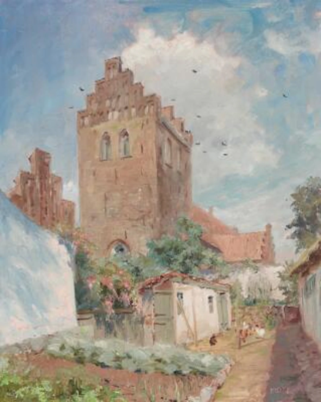 Hugo V. Pedersen: Scenery from Melby church. Signed Hugo V. P. Oil