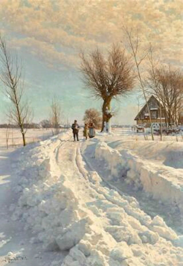 Peder Mønsted: Sunny winter's day with a postman on his route. Signed