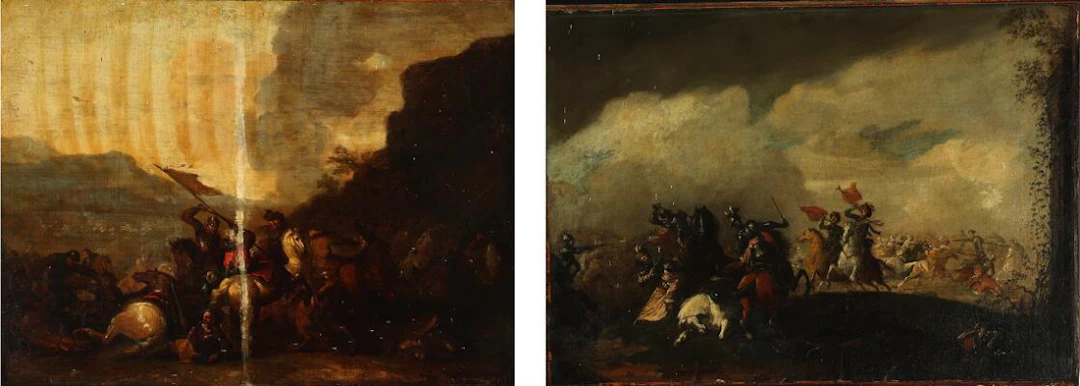 Painter unknown, 18th century: Two scenes of cavalry skirmish. Unsigned.