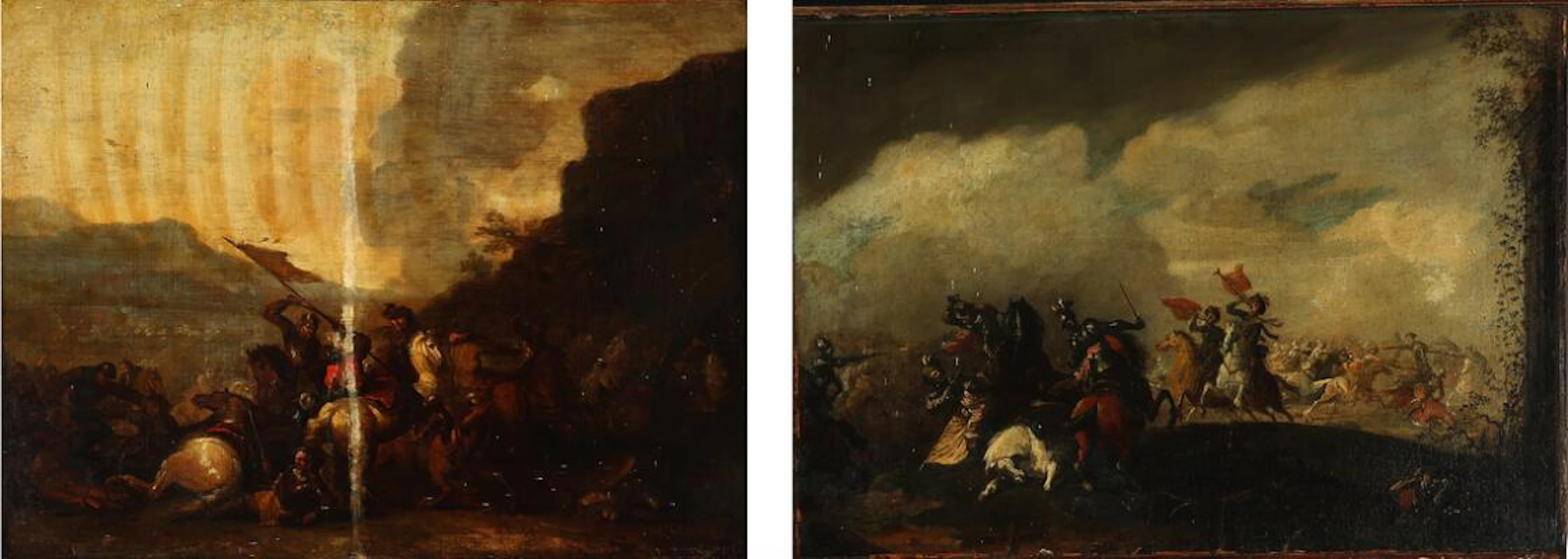 Painter unknown, 18th century: Two scenes of cavalry skirmish. Unsigned.
