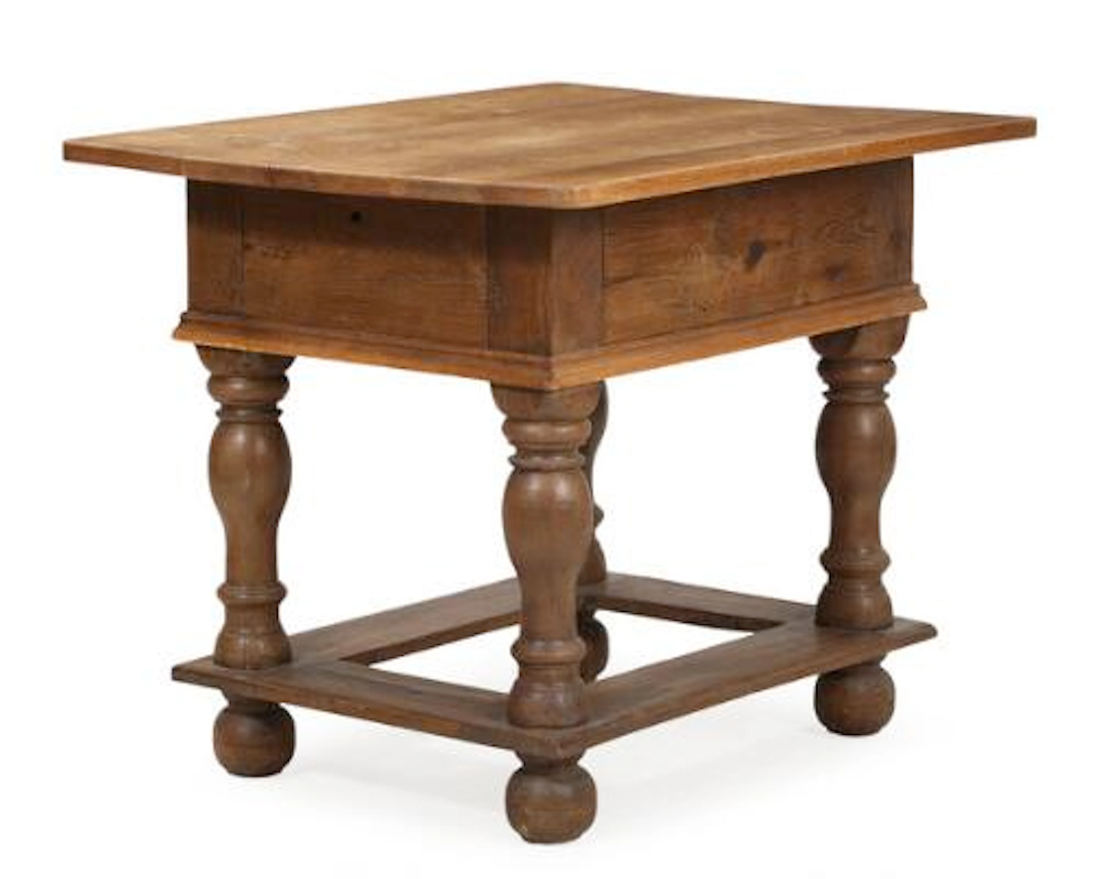 An 18th century Baroque oak table, apron with drawer, baluster shaped