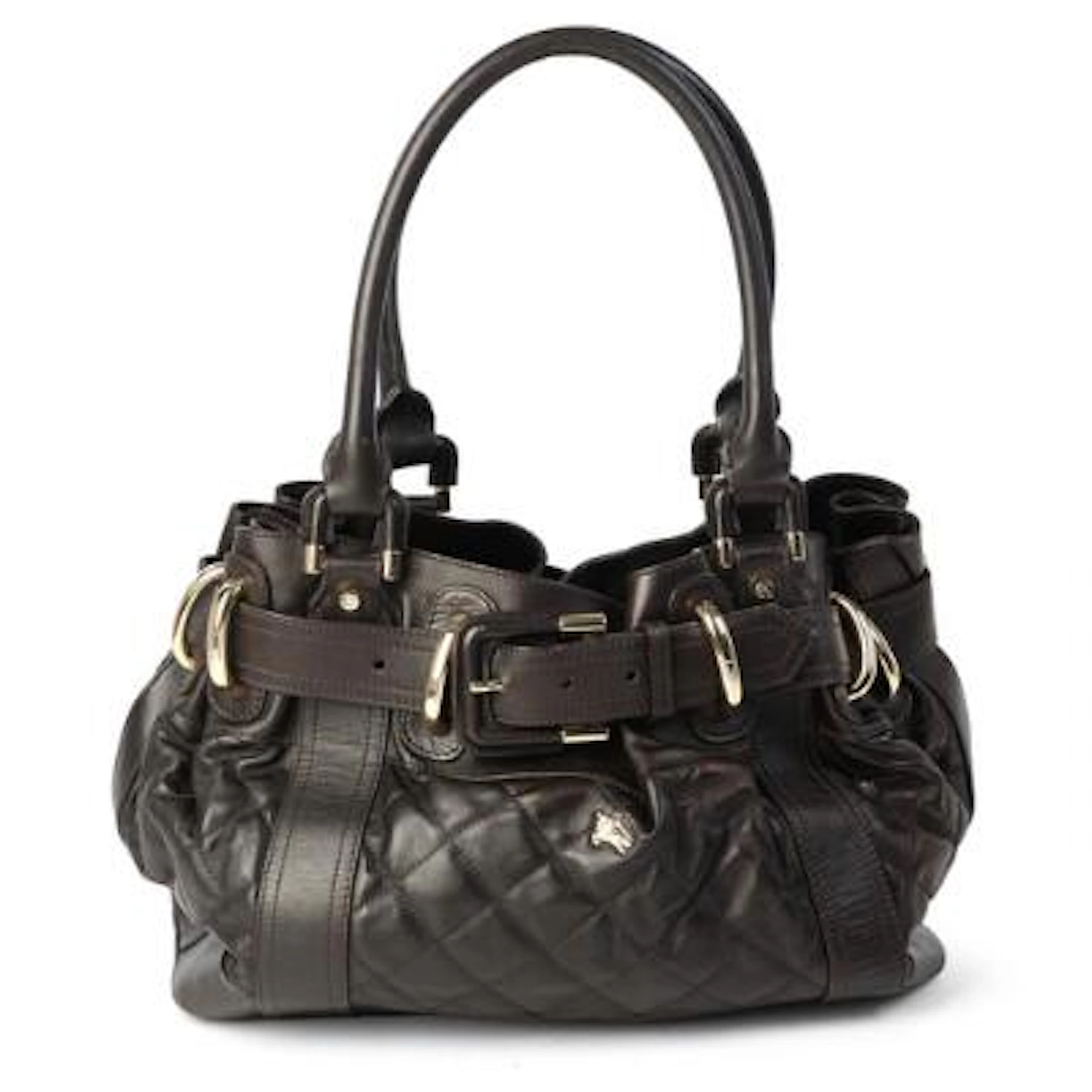 Burberry: A “Beaton Tote” bag of dark brown, quilted leather with