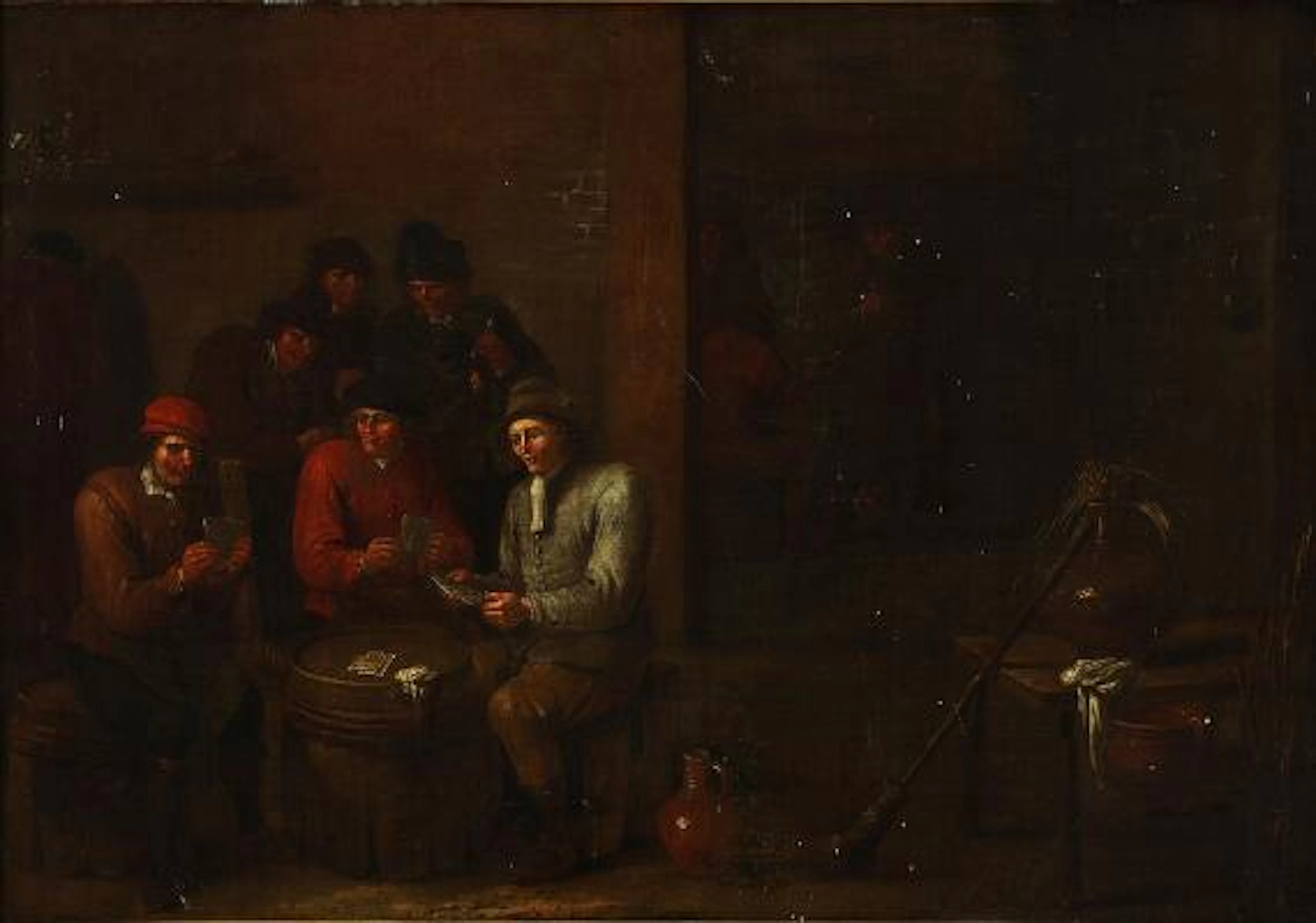 Dutch school, 18th century: Interior of a tavern. Indistinctly signed.