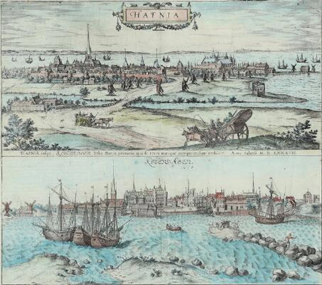 Braun & Hogenberg: "Hafnia vulgo Kopenhagen". 1588. Hand-coloured