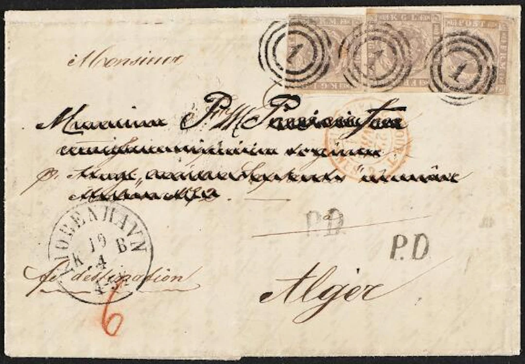 1854. 16 sk. greypurple. 3 copies on cover to ALGER (AFRICA) 19.4.1861.