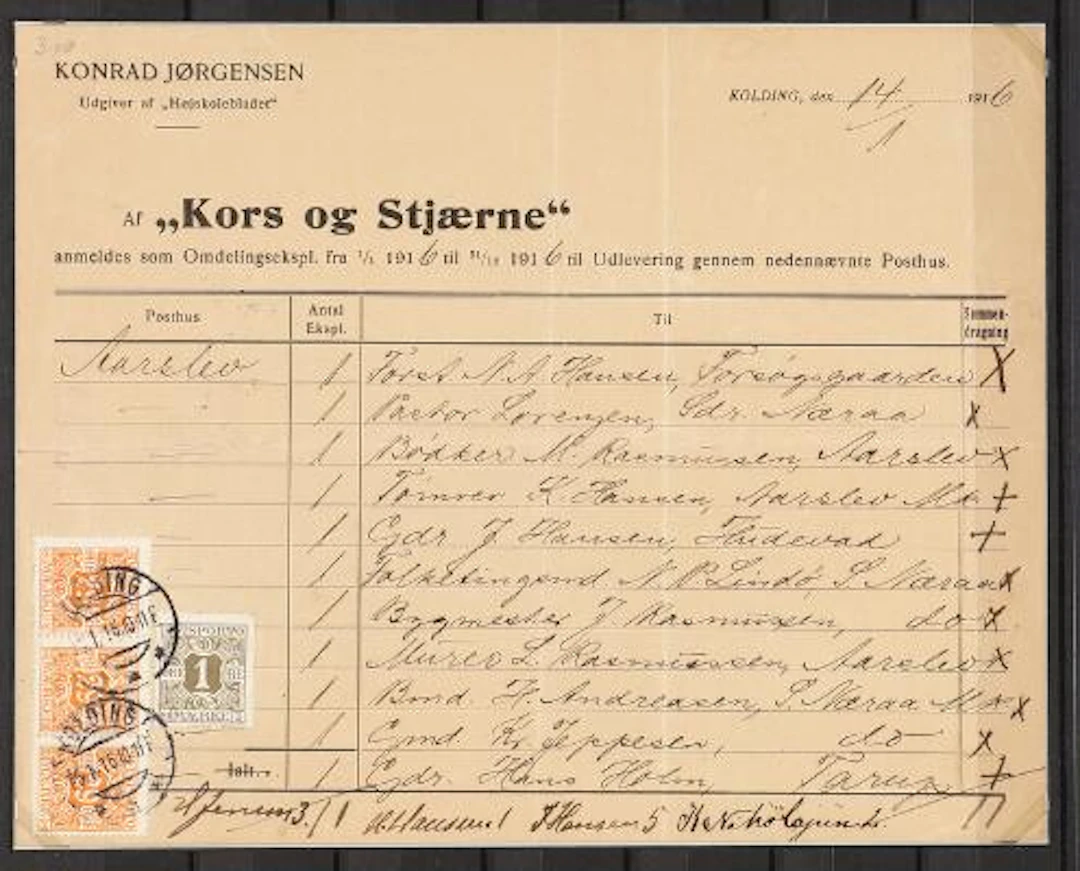 Newspaper. 1914-1915. 1 Øre, olive and 20 Øre, orange (strip of 3)
