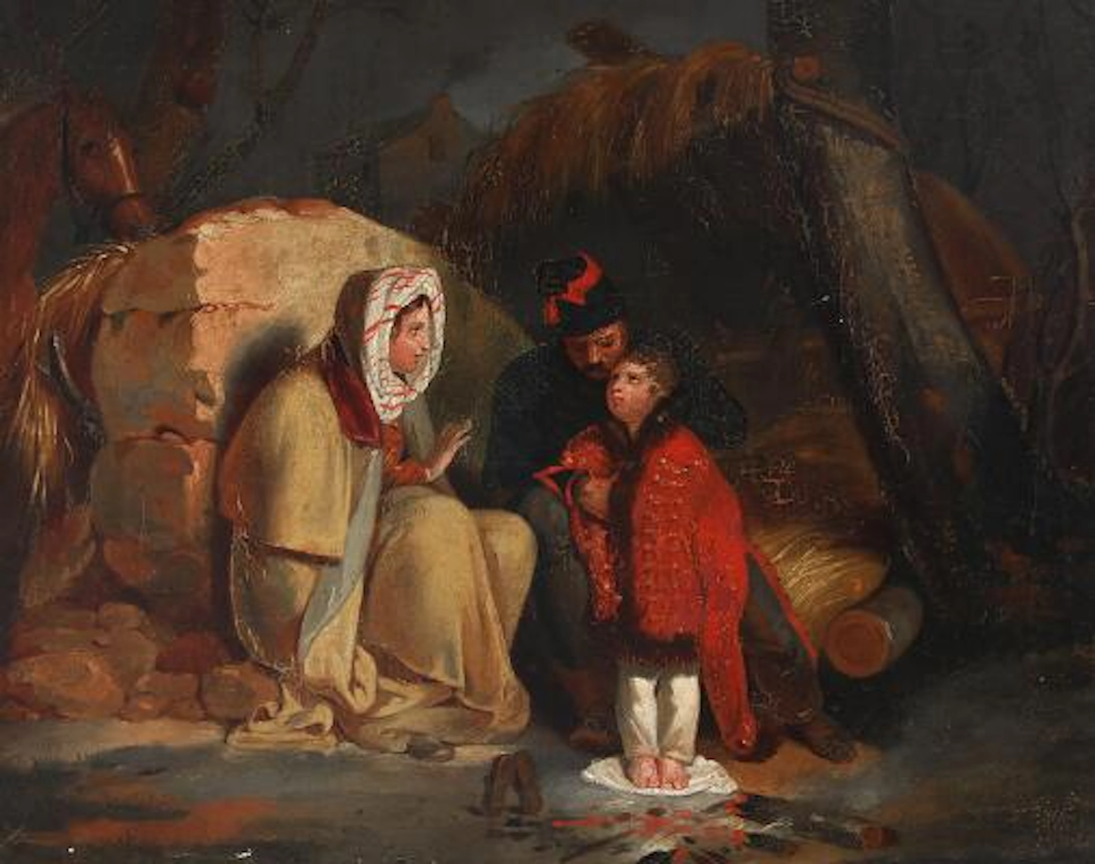 Unknown artist, 19th century.: Travellers warming themselves by a
