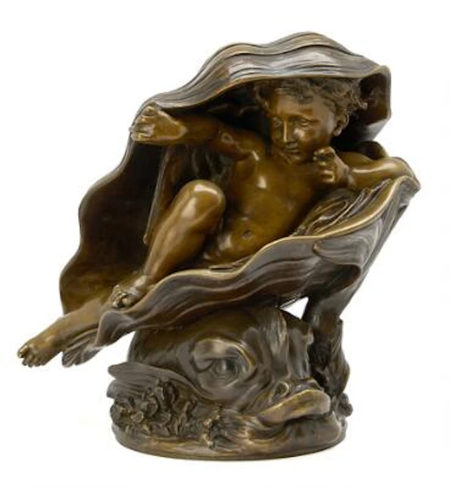 Édouard Fiers: Cupid in a shell. Bronze. Signed Fiers. Weight 19400
