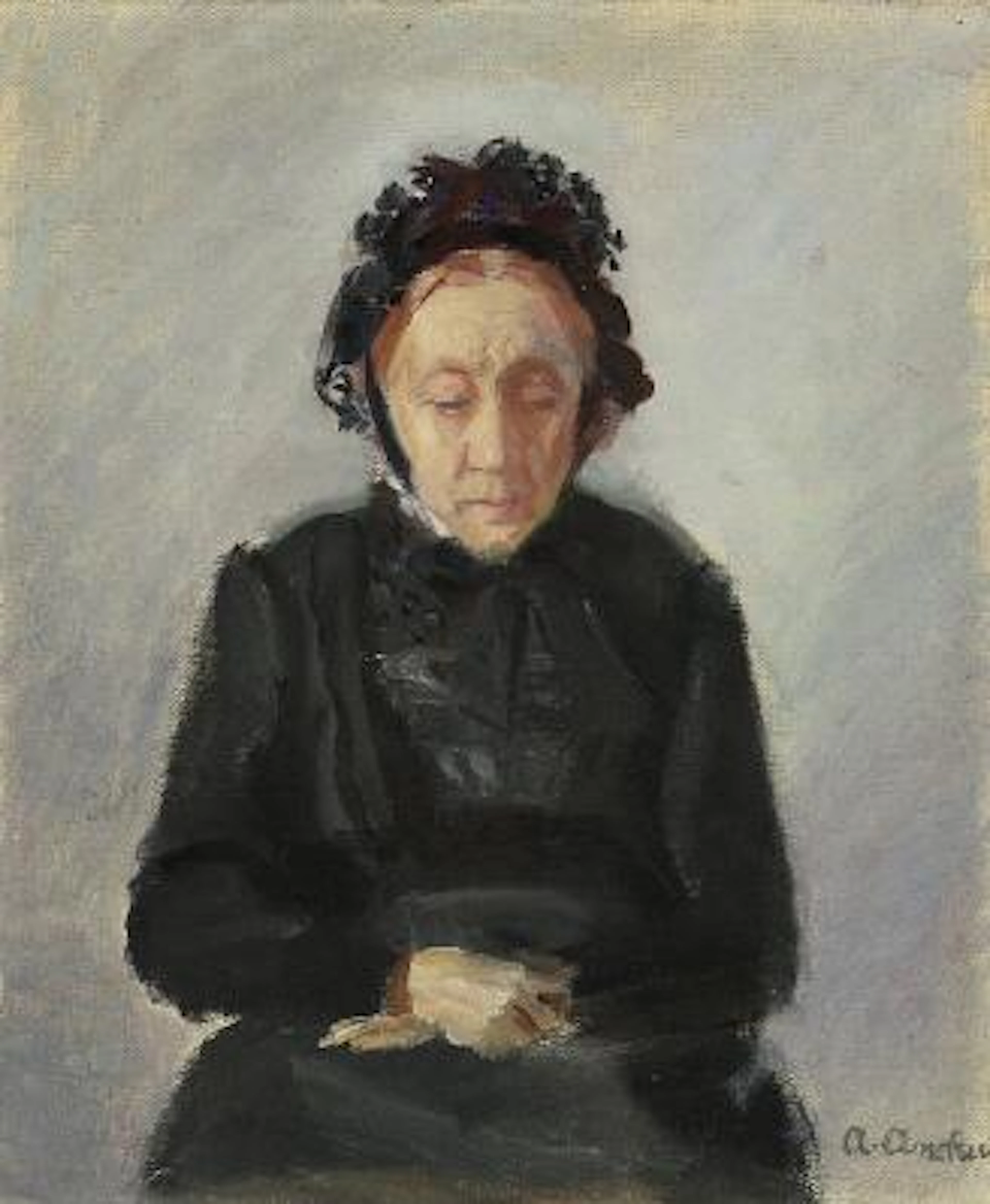 Anna Ancher: "Gammel Kone". An old woman. Signed A. Ancher. Oil on