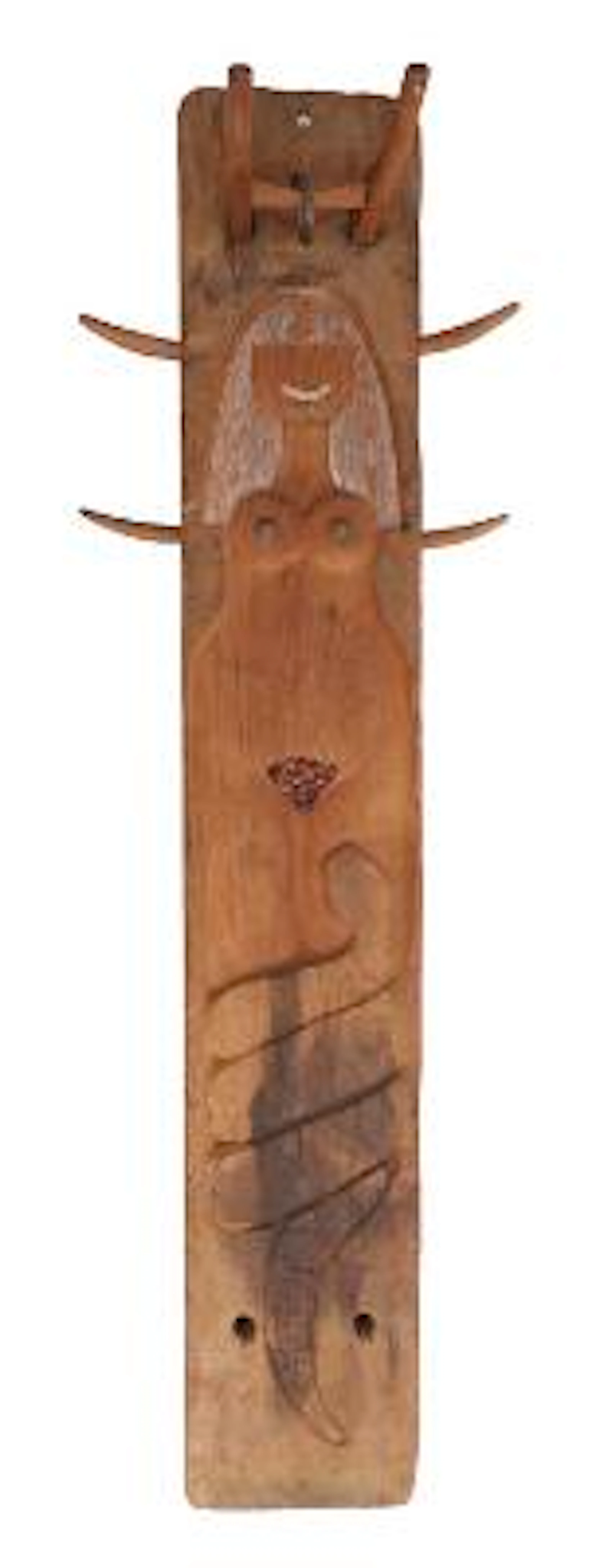 Jacob Hermann: Patinated, carved wood coat hanger in shape of woman