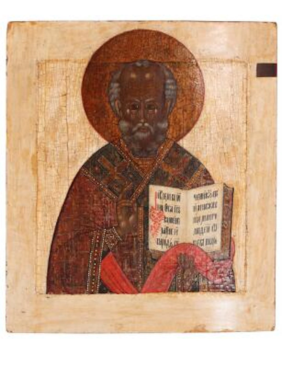 A Russian icon depicting St. Nicholas. Tempera on wood panel with