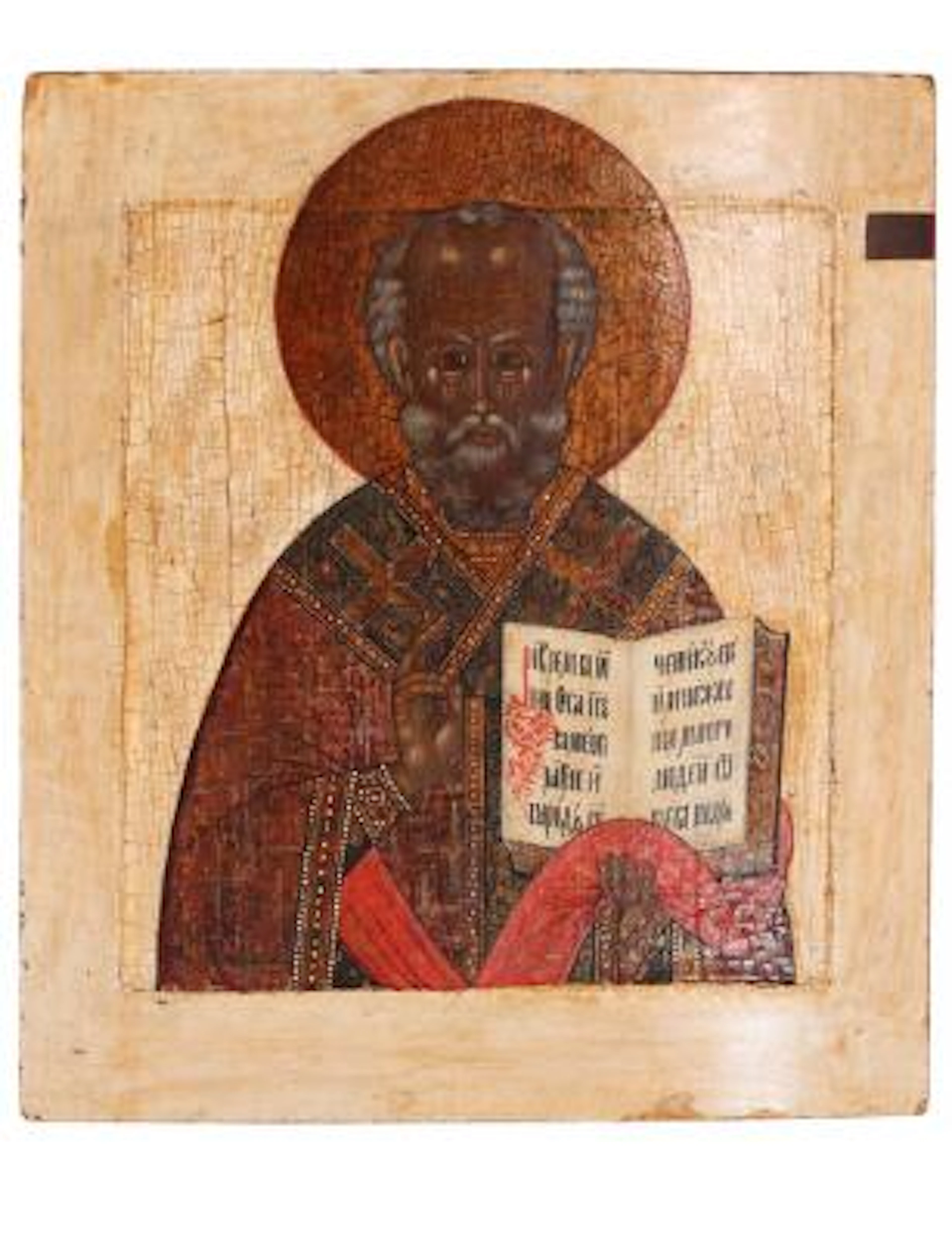 A Russian icon depicting St. Nicholas. Tempera on wood panel with