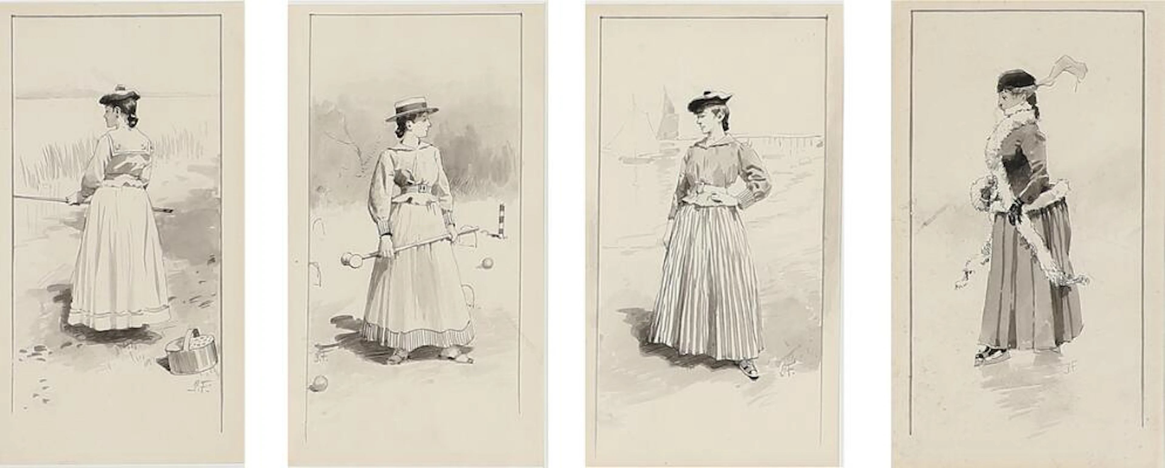 Paul Fischer: Four drawings of young women. All signed P. F. Drawing
