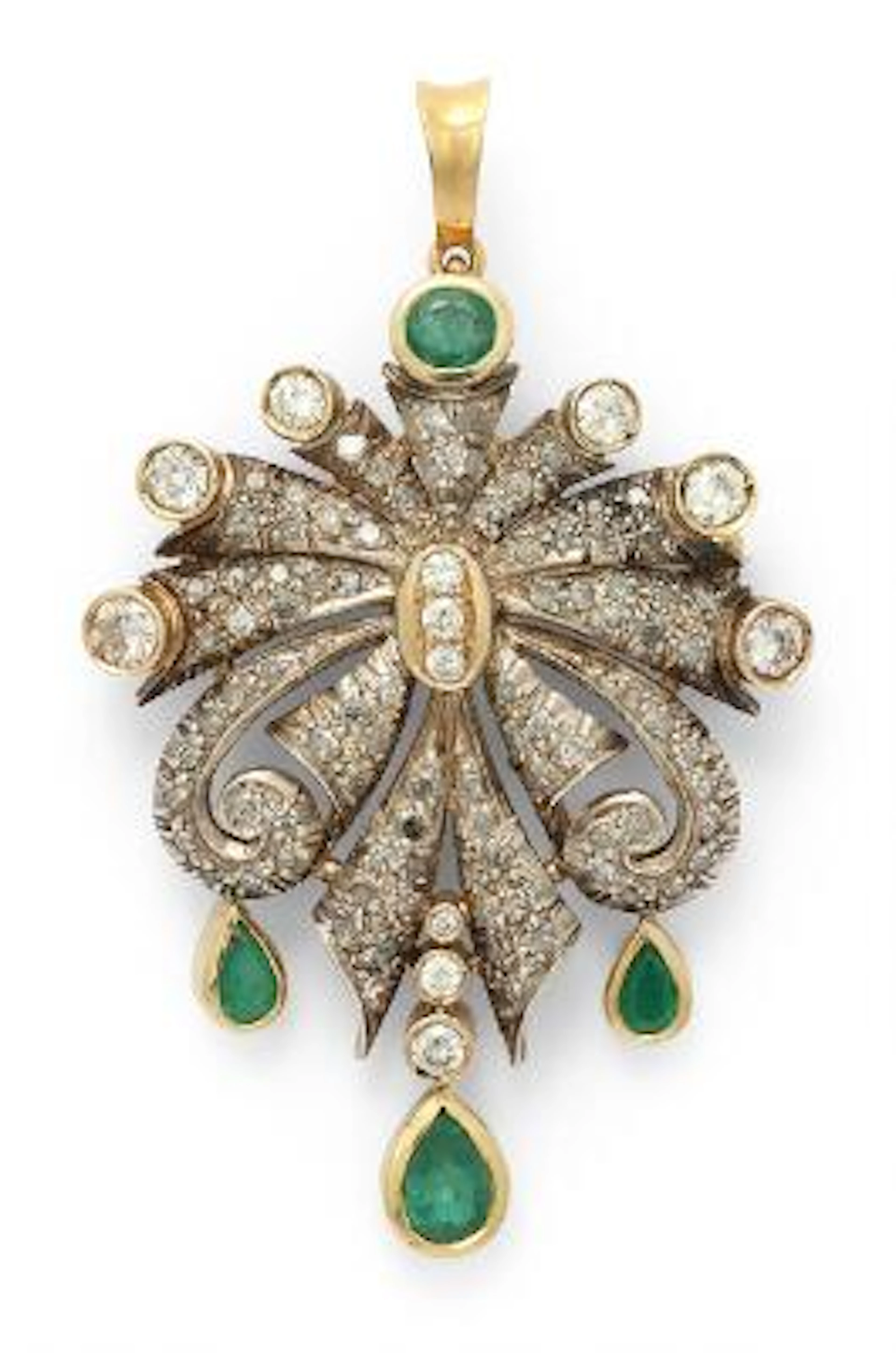 A diamond and emerald brooch/pendant set with diamonds and emeralds