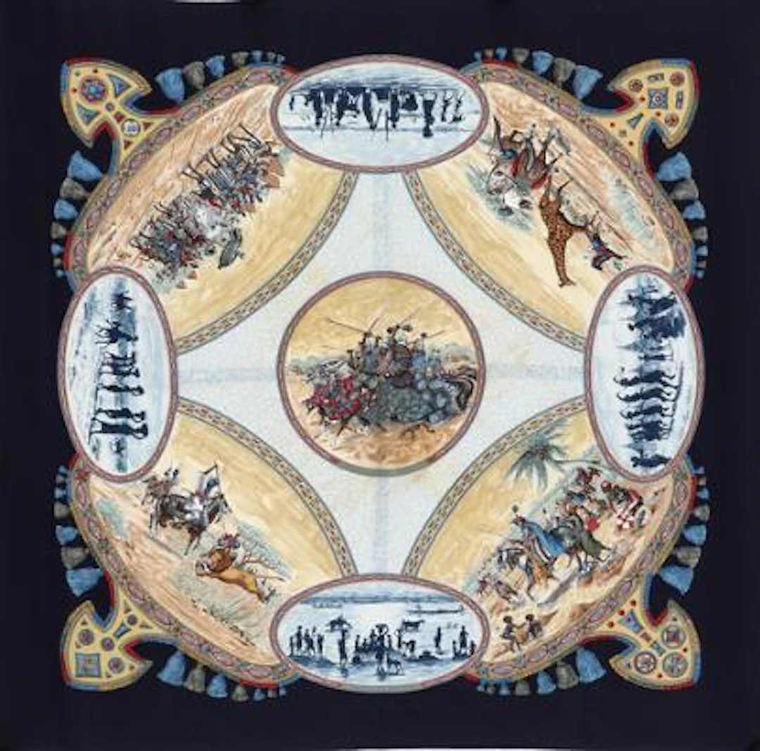 Hermès: A silk scarf with motif “Cavaliers Légers” by Philippe Ledoux.