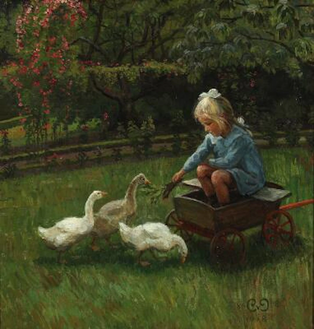 Caroline van Deurs: A little girl playing with ducks in a park. Signed