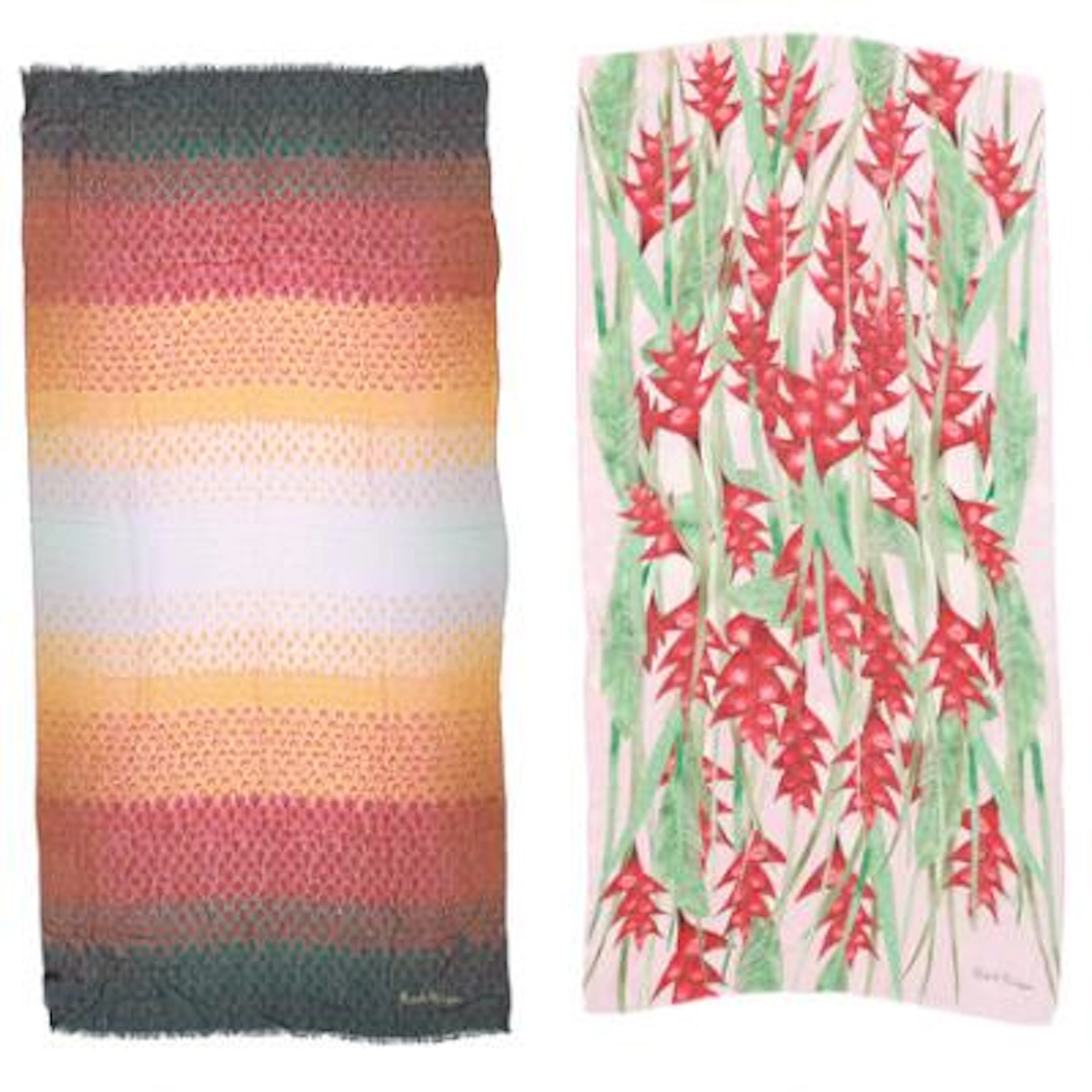 Patek Philippe: Two scarves of cashmere each with multi coloured print.