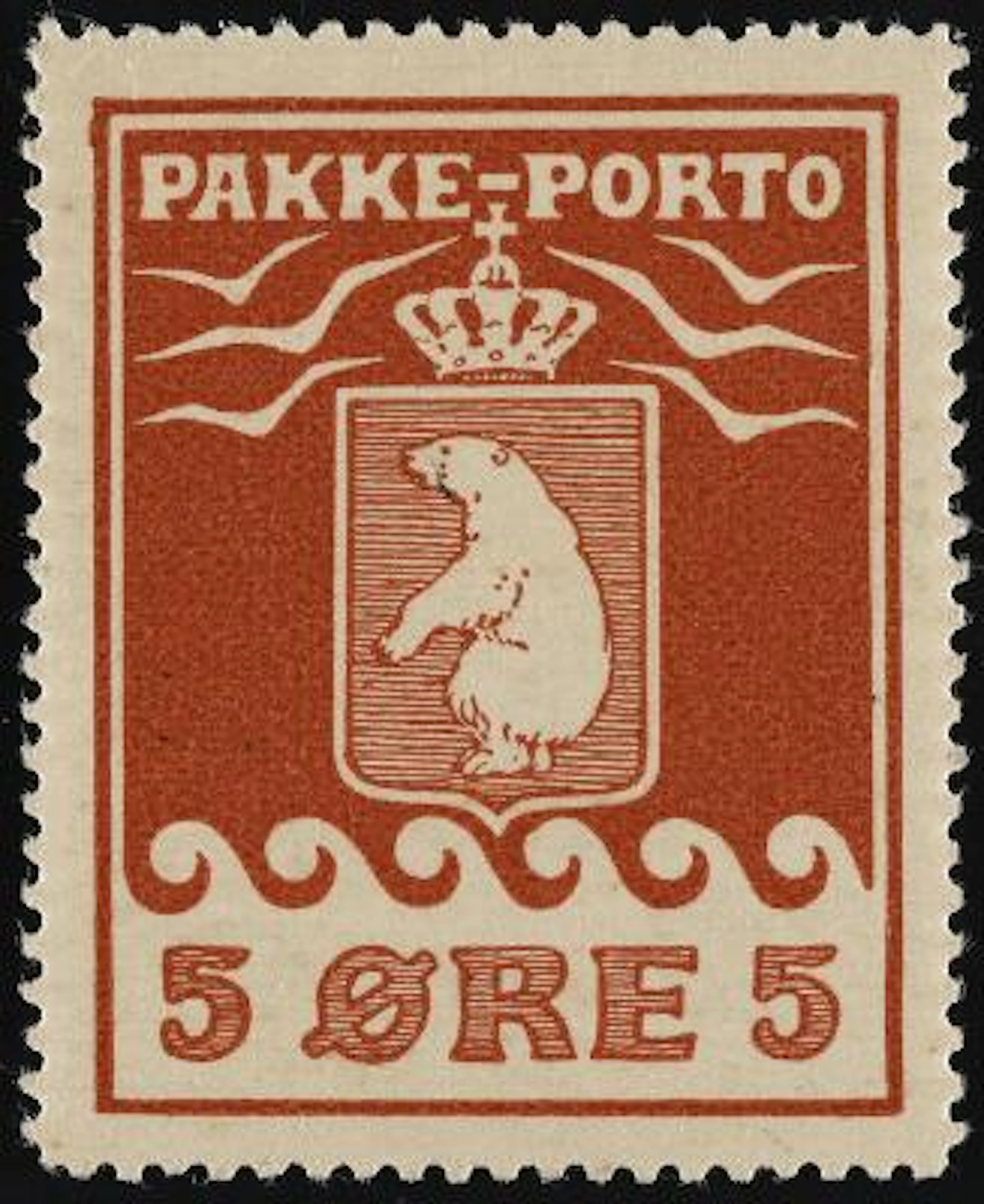 1905. 5 øre, 1.print, pos. 3 with variety "Dot on upper W-frame".