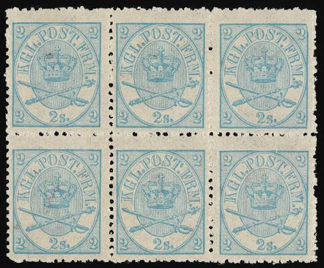 1864. 2 sk. blue, (1870) line-perforated 12 1/2. Unused BLOCK OF 6.