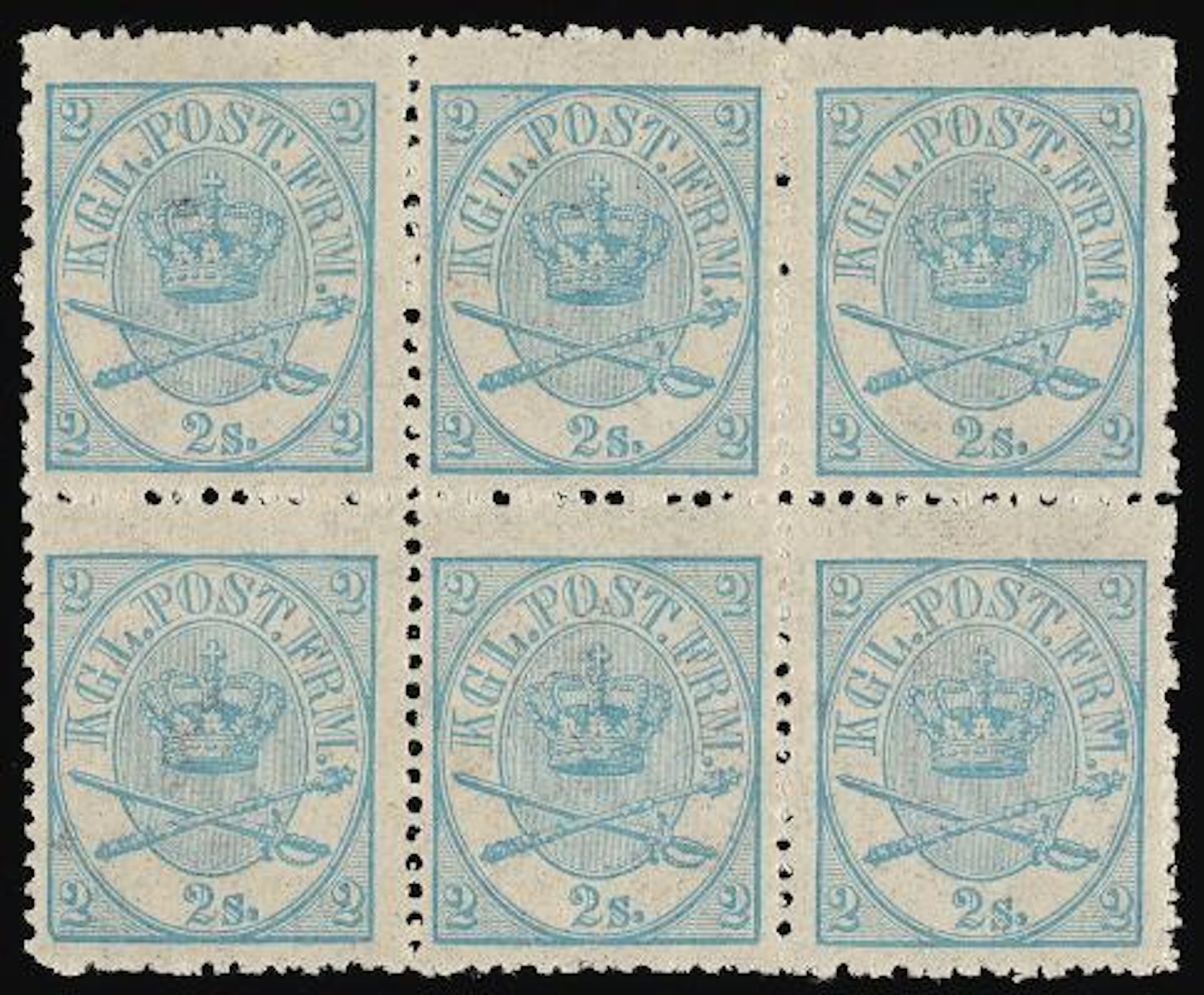 1864. 2 sk. blue, (1870) line-perforated 12 1/2. Unused BLOCK OF 6.