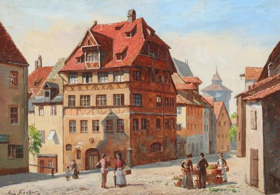 August Fischer: Town square in Nuremberg with figures at a market