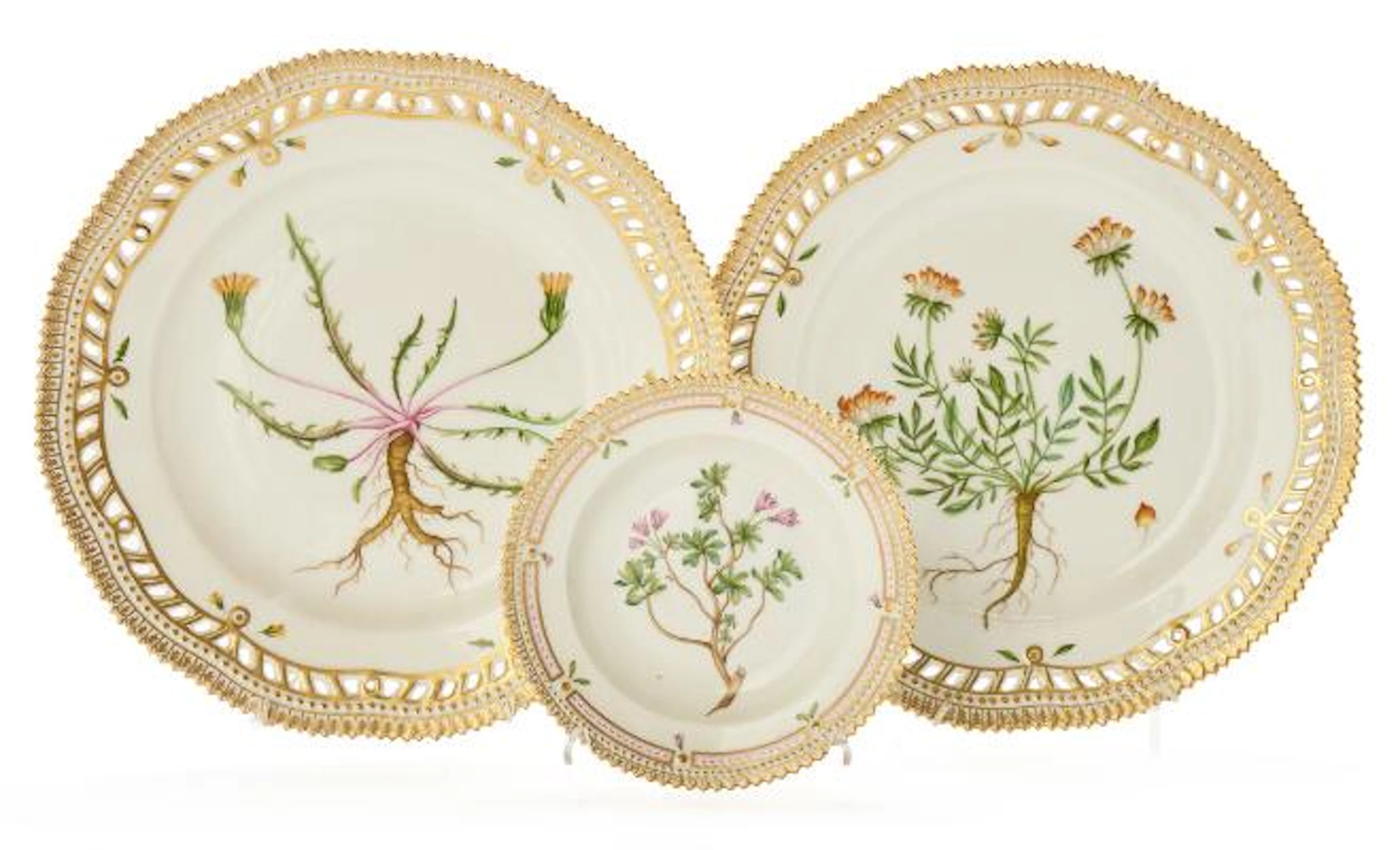"Flora Danica" two plates of porcelain, decorated in colours and gold